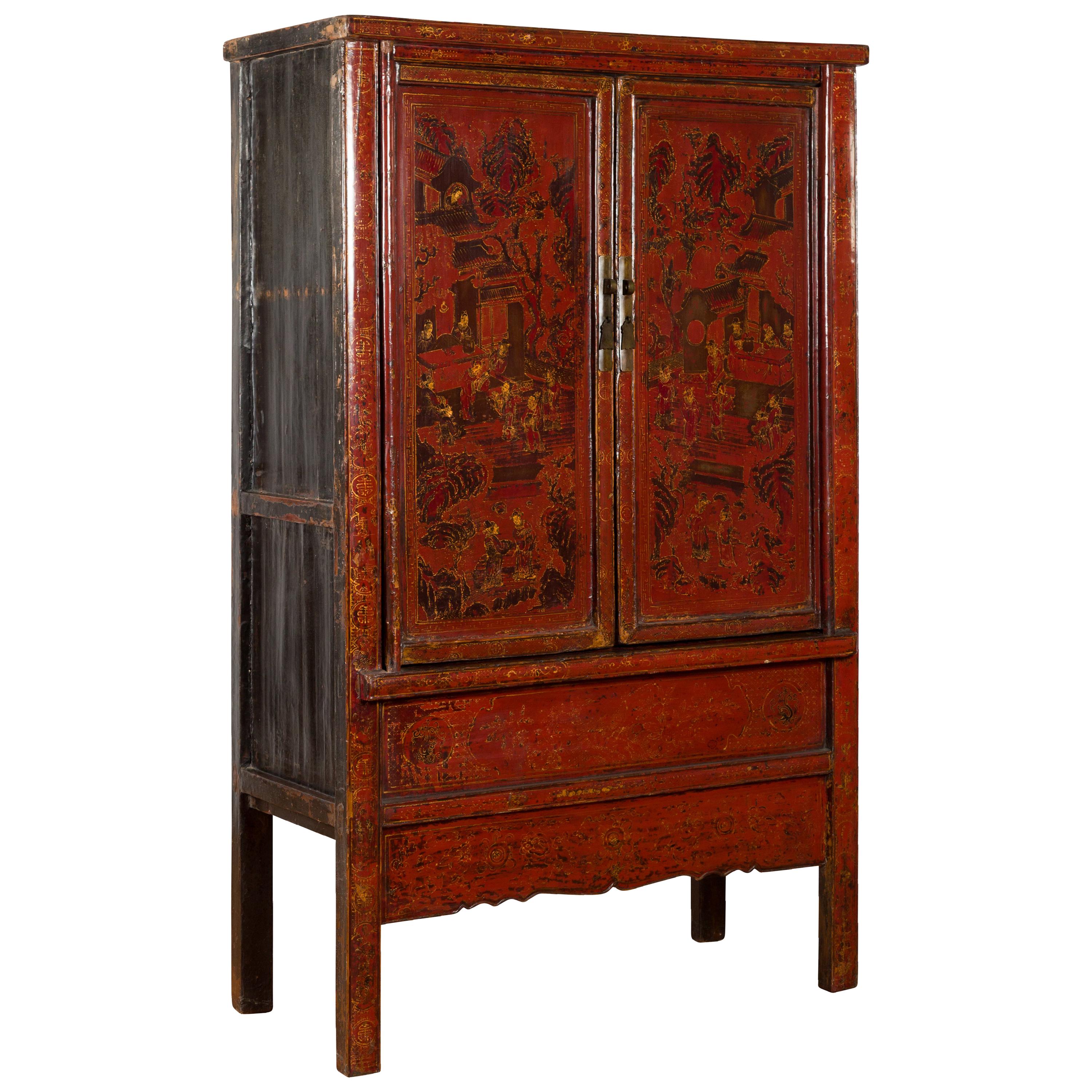Chinese Qing Dynasty 19th Century Red Cabinet with Hand Painted Chinoiseries