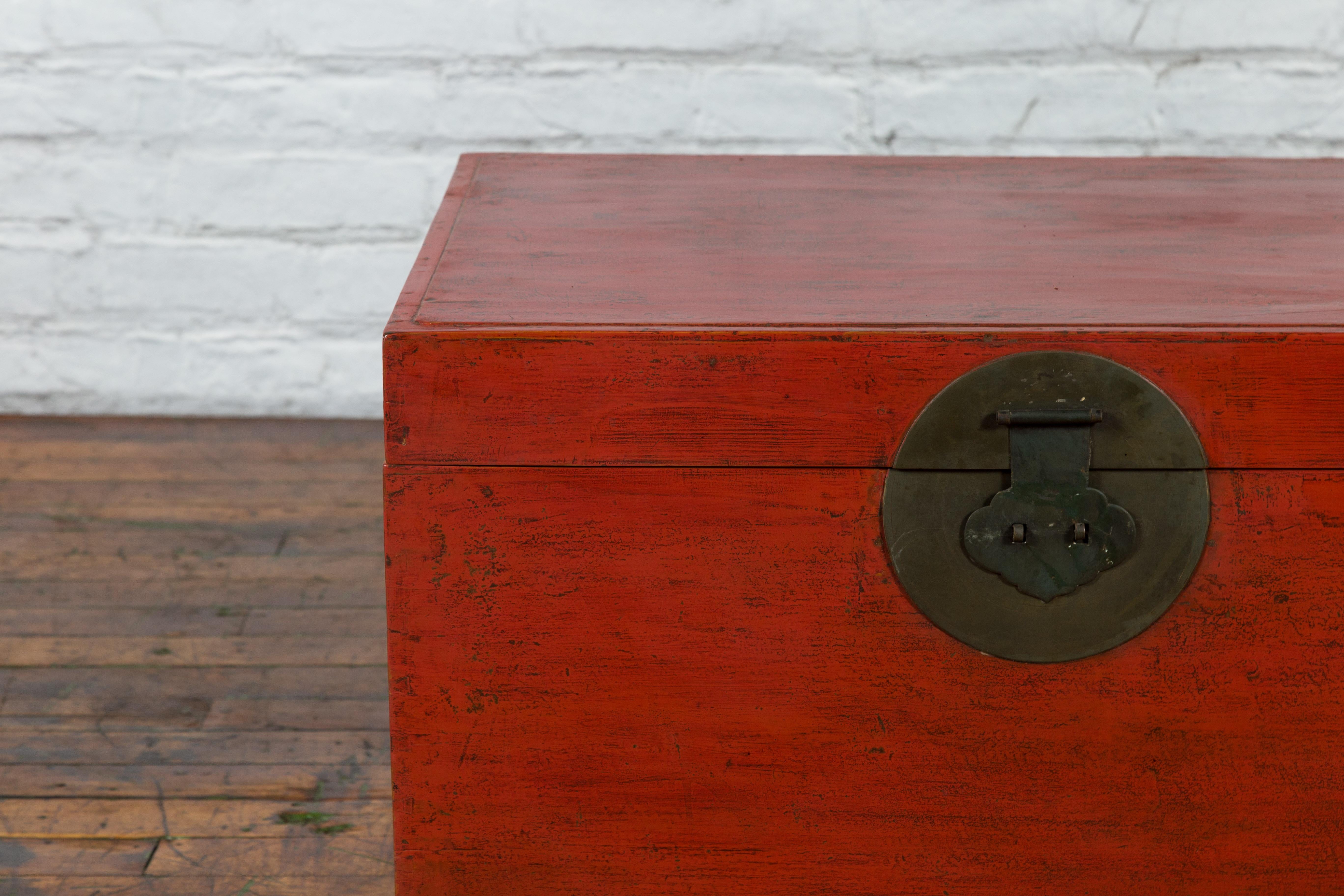 Wood Chinese Qing Dynasty 19th Century Red Lacquer Blanket Chest with Brass Hardware For Sale