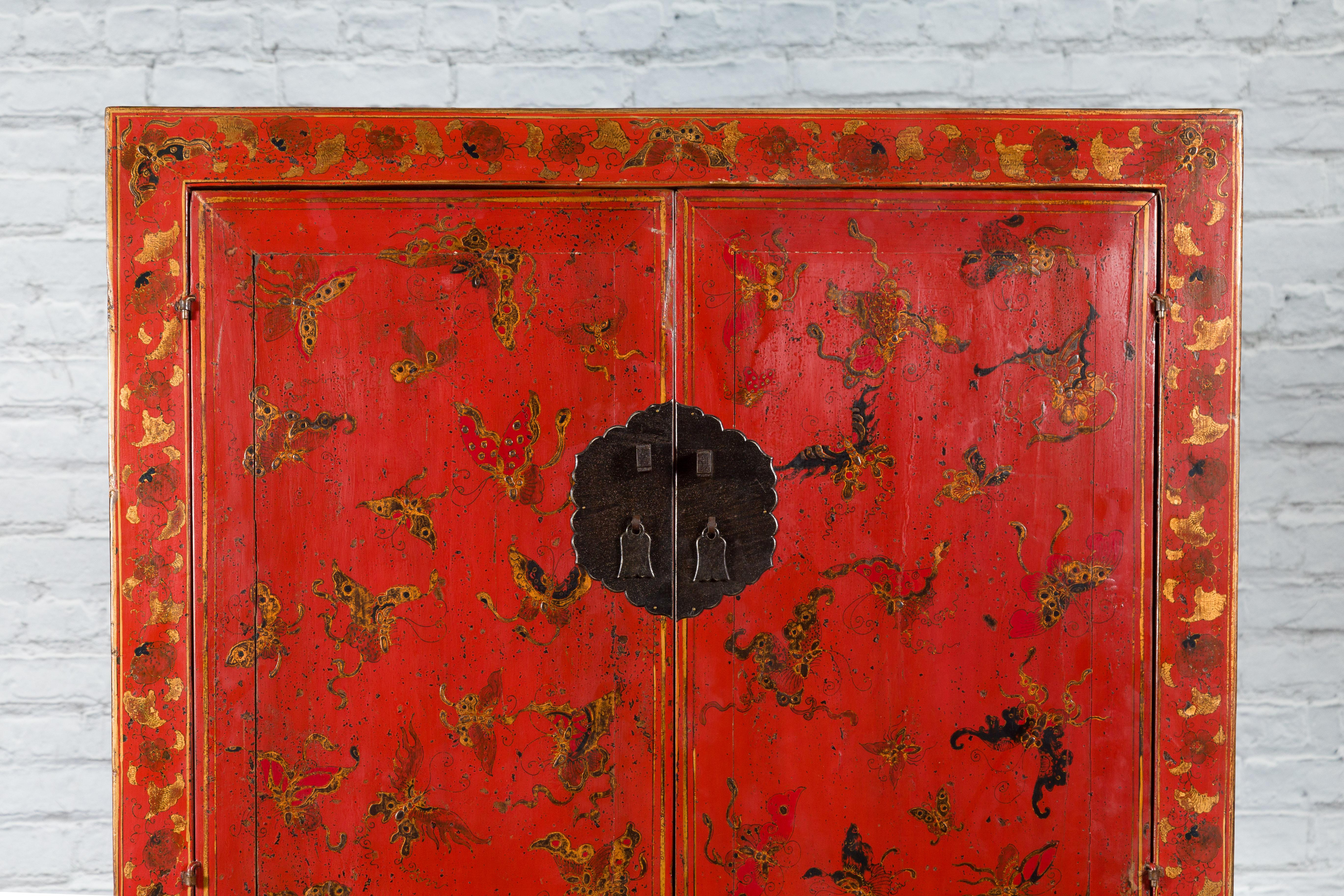 Wood Chinese Qing Dynasty 19th Century Red Lacquer Cabinet with Butterfly Décor For Sale
