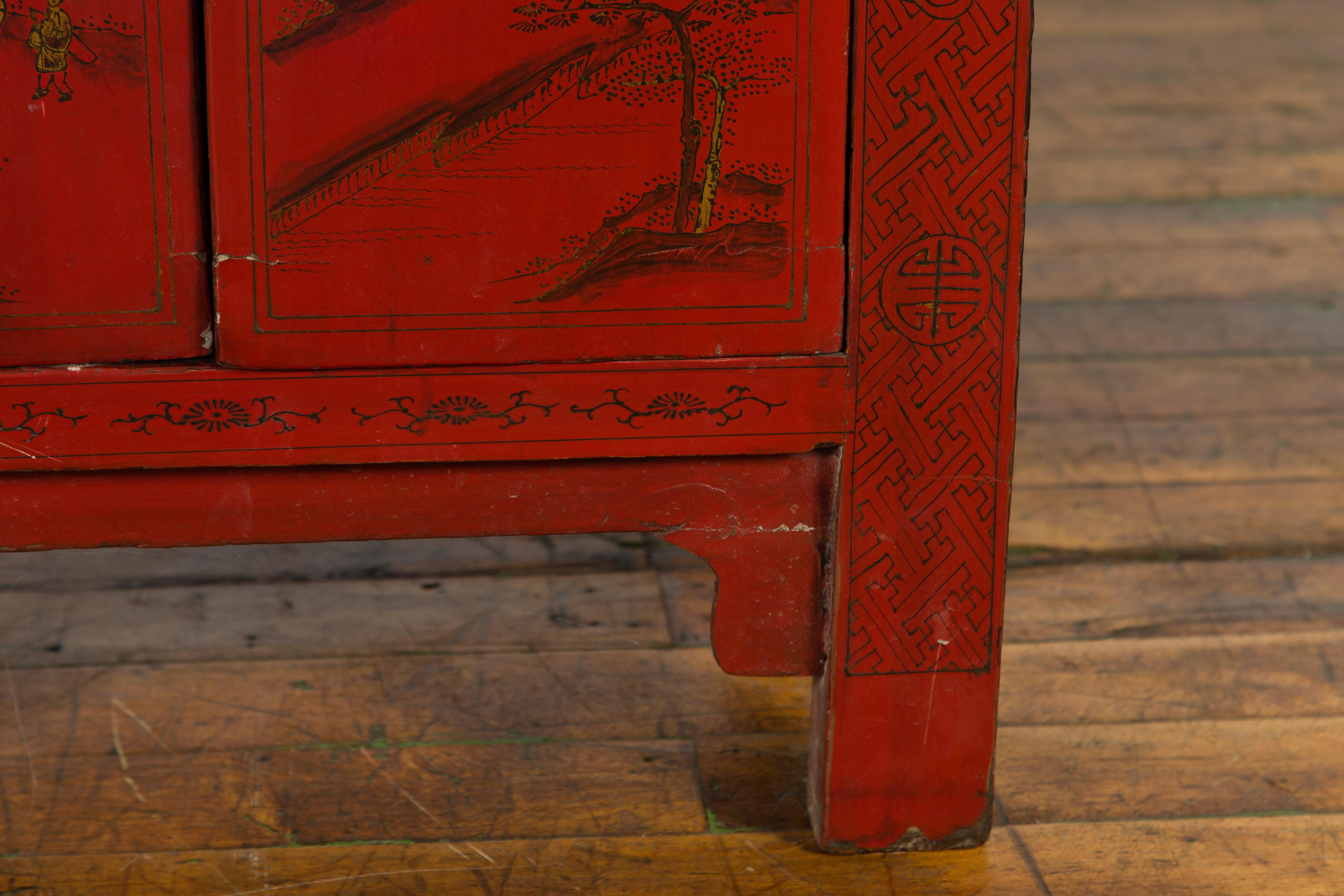 Chinese Qing Dynasty 19th Century Red Lacquer Cabinet with Chinoiserie Décor 5