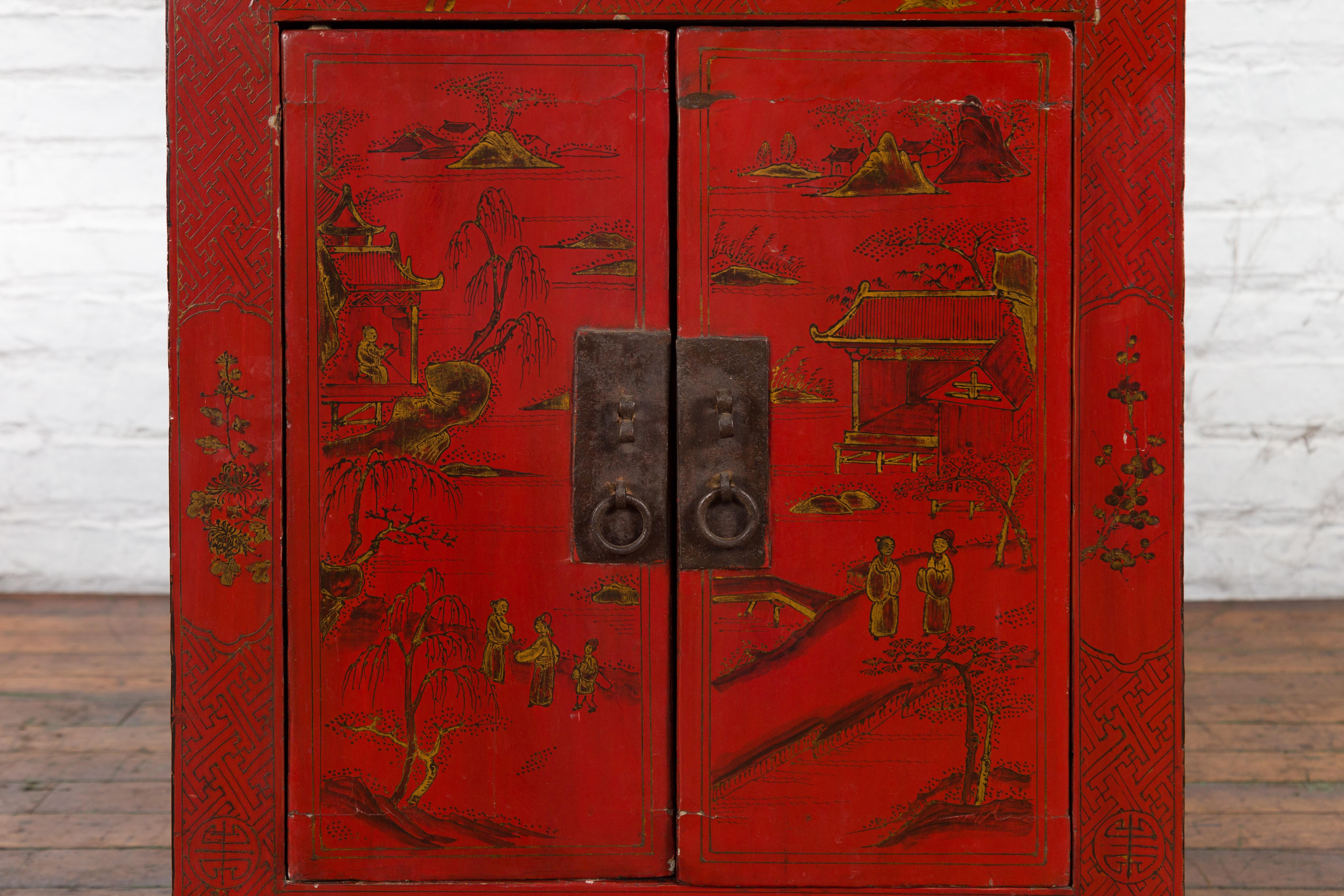 Chinese Qing Dynasty 19th Century Red Lacquer Cabinet with Chinoiserie Décor 6