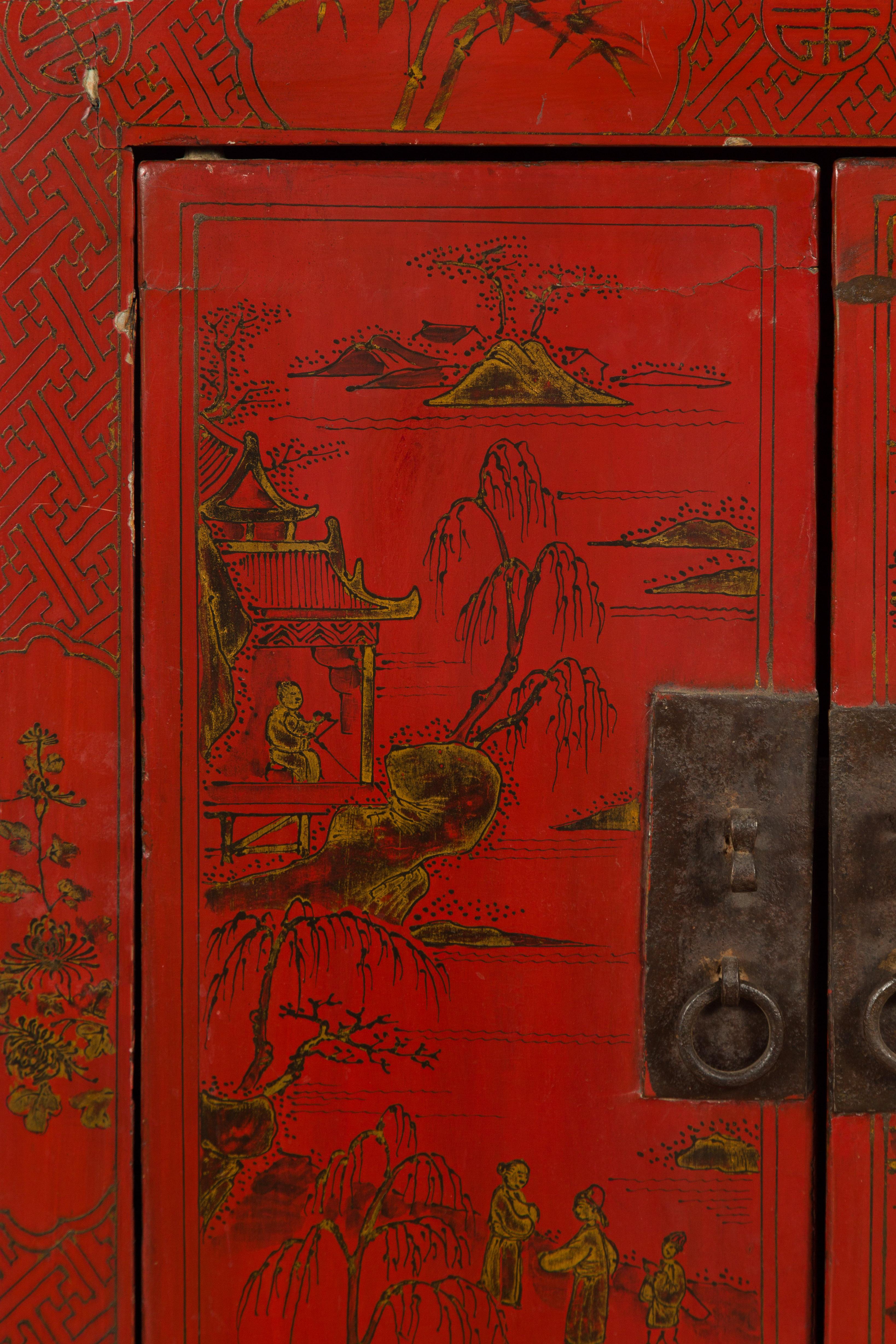 Chinese Qing Dynasty 19th Century Red Lacquer Cabinet with Chinoiserie Décor 7