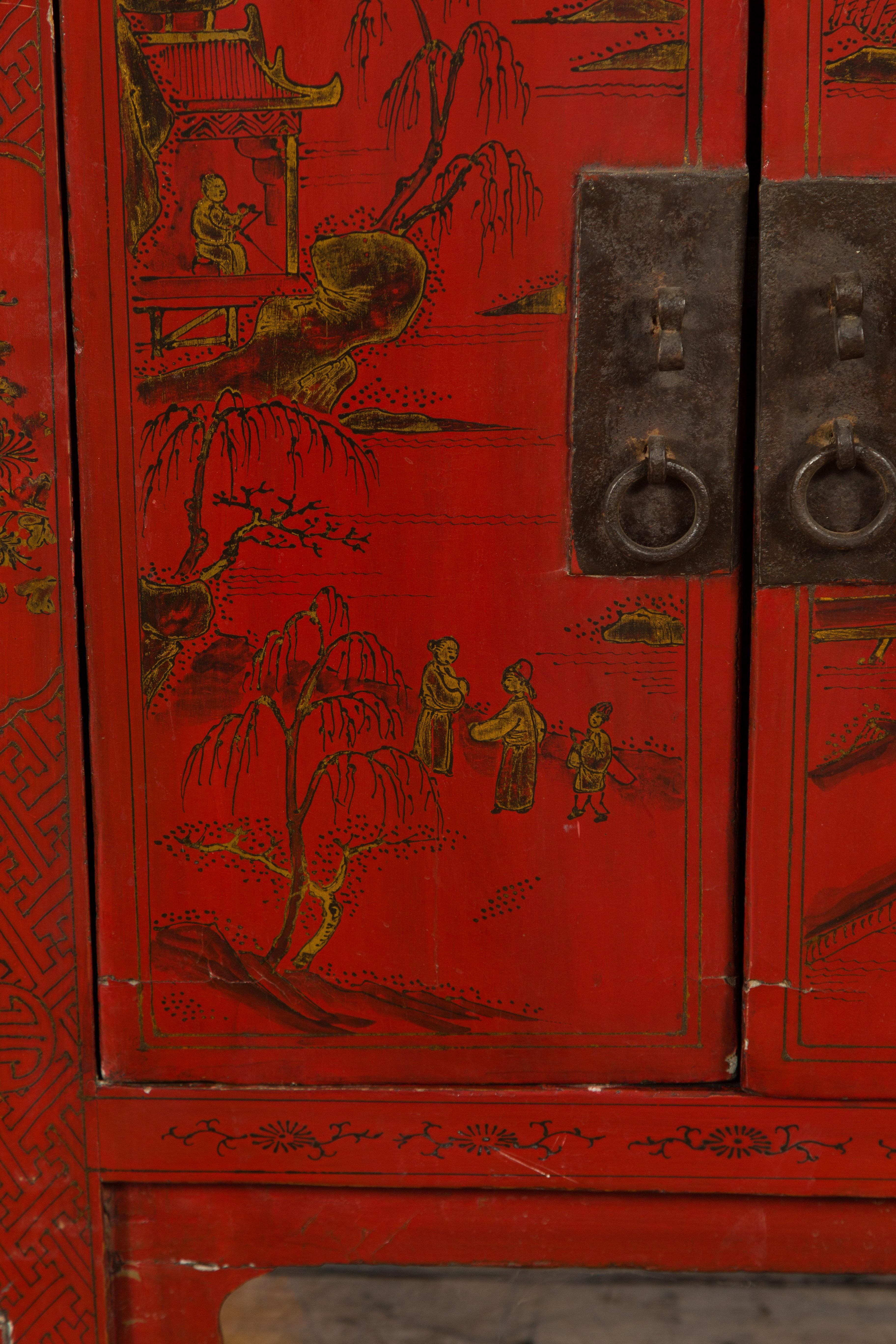 Chinese Qing Dynasty 19th Century Red Lacquer Cabinet with Chinoiserie Décor 8