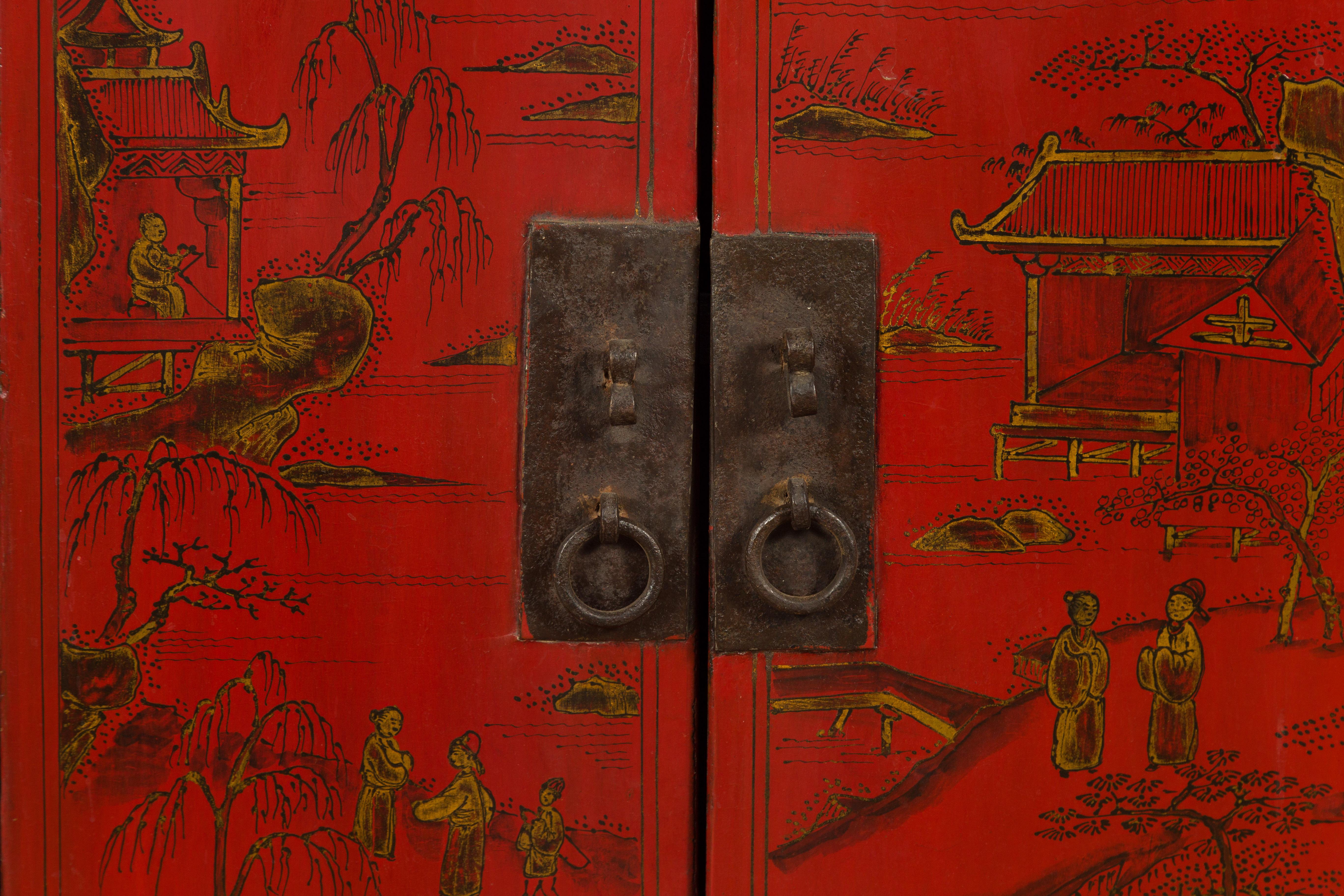 Chinese Qing Dynasty 19th Century Red Lacquer Cabinet with Chinoiserie Décor 9
