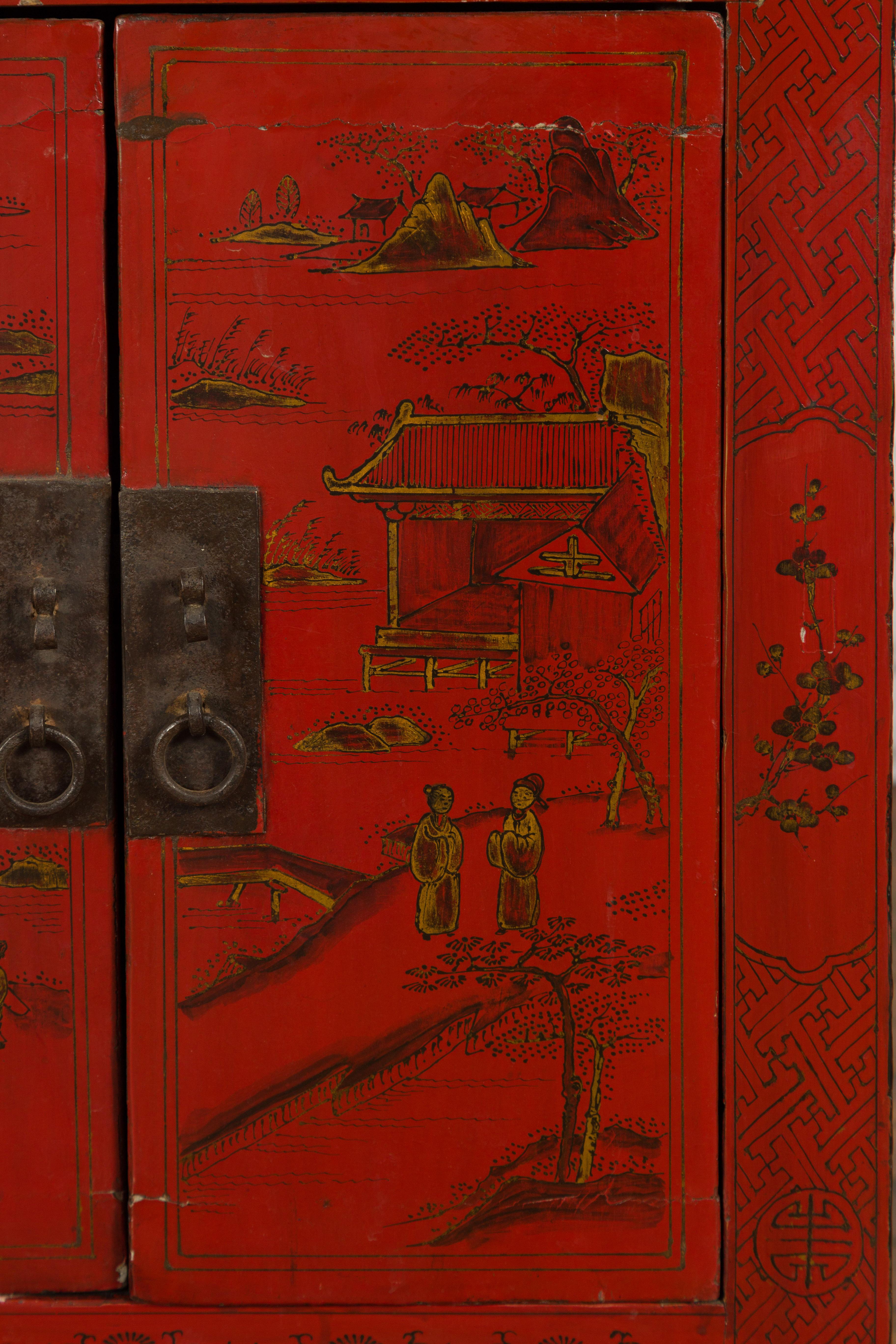 Chinese Qing Dynasty 19th Century Red Lacquer Cabinet with Chinoiserie Décor 10