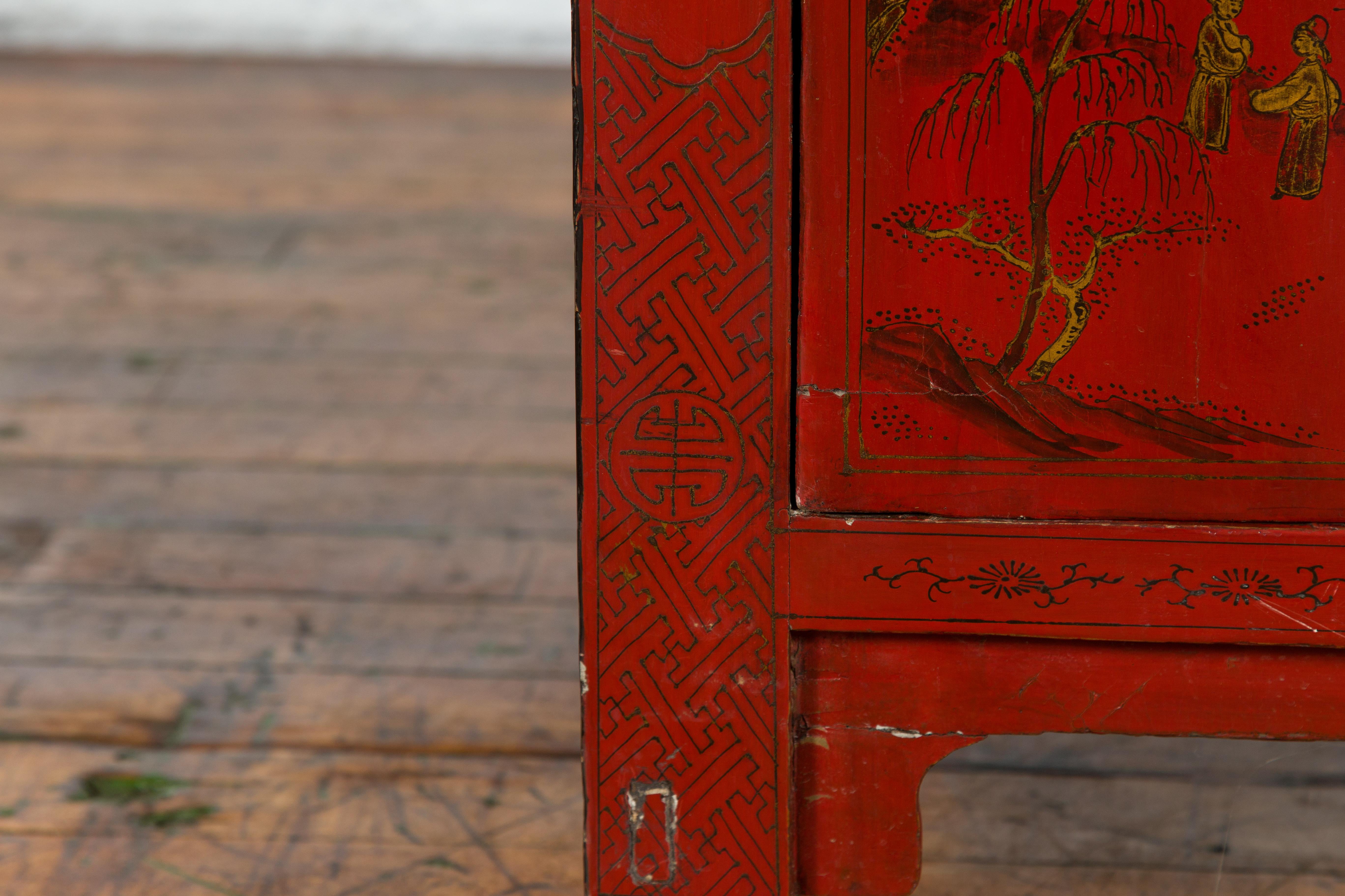 Chinese Qing Dynasty 19th Century Red Lacquer Cabinet with Chinoiserie Décor 11