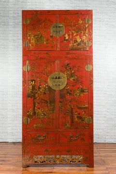 Chinese Qing Dynasty 19th Century Red Lacquer Cabinet with Chinoiserie Décor