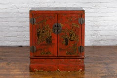Chinese Qing Dynasty 19th Century Red Lacquer Cabinet with Chinoiserie Décor