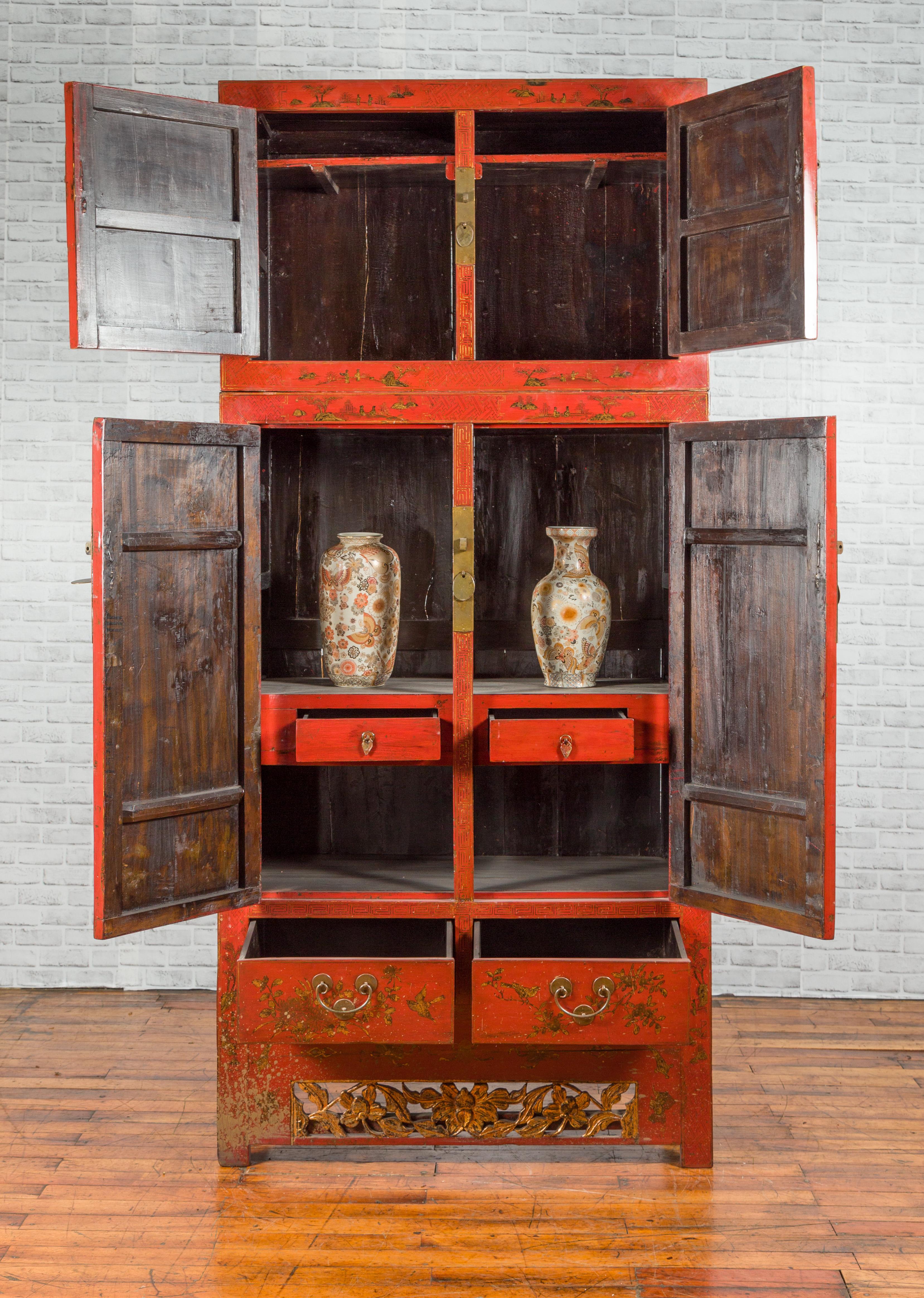 Gilt Chinese Qing Dynasty 19th Century Red Lacquer Cabinet with Chinoiserie Décor For Sale