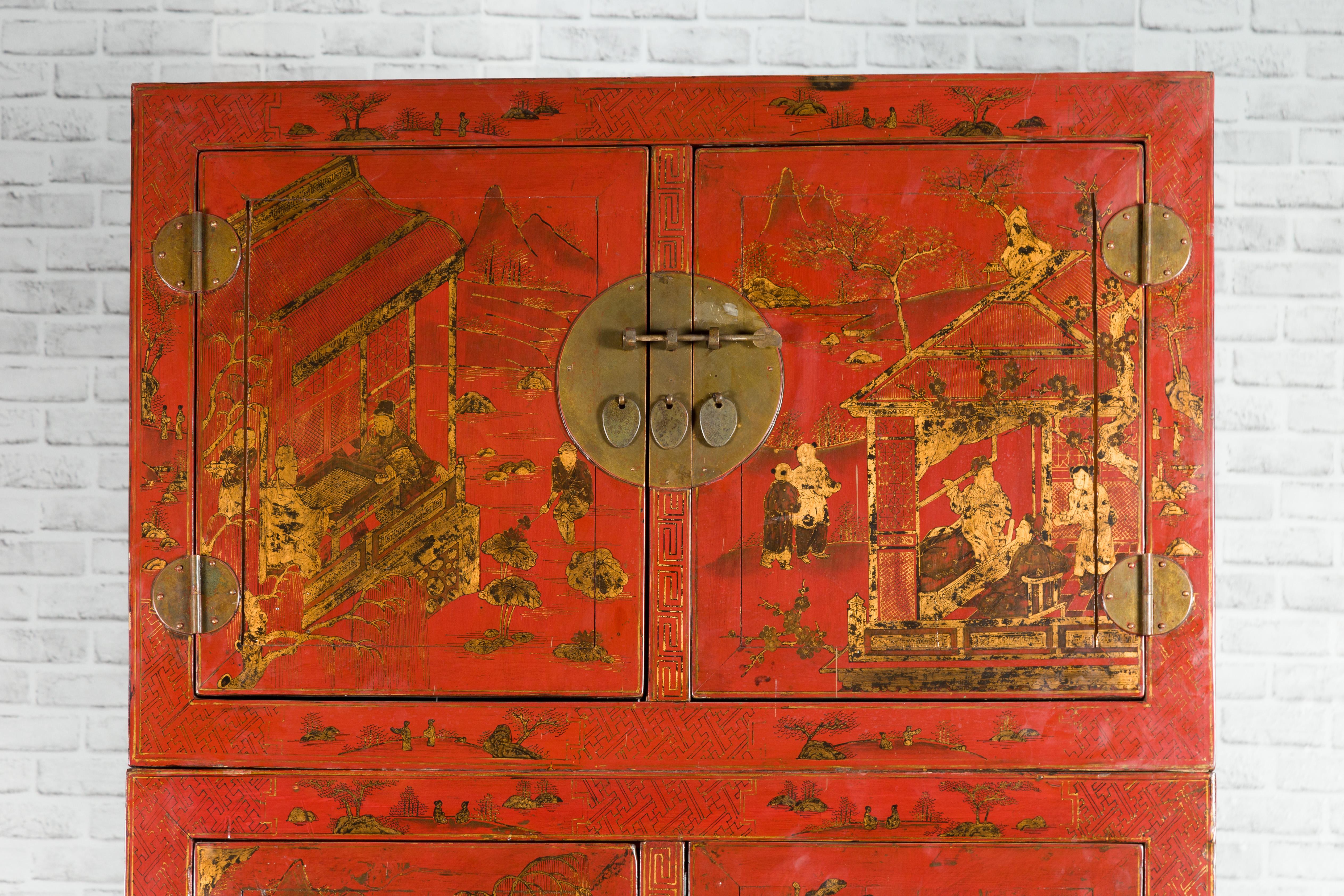 Chinese Qing Dynasty 19th Century Red Lacquer Cabinet with Chinoiserie Décor In Good Condition For Sale In Yonkers, NY