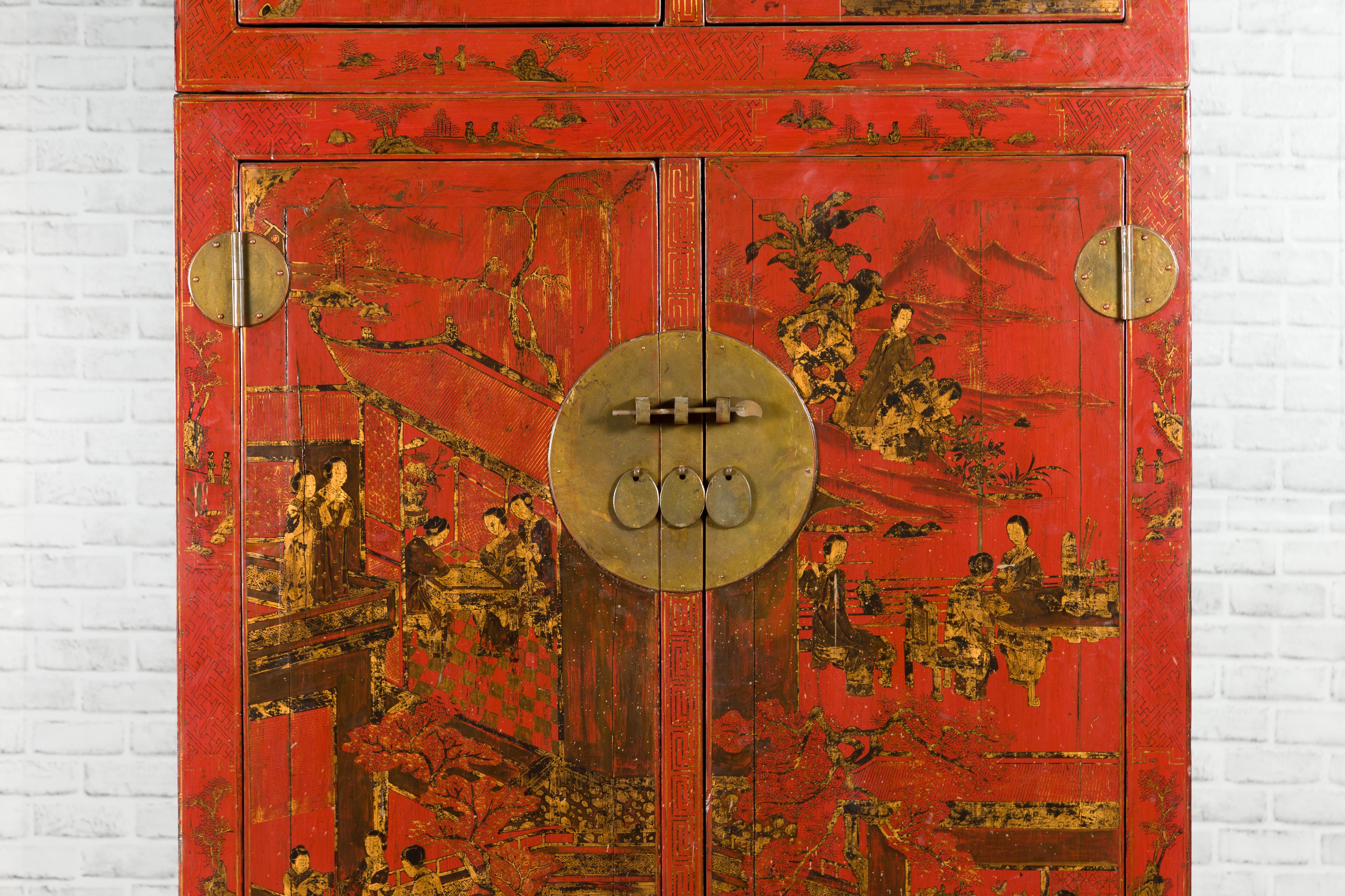 Wood Chinese Qing Dynasty 19th Century Red Lacquer Cabinet with Chinoiserie Décor For Sale
