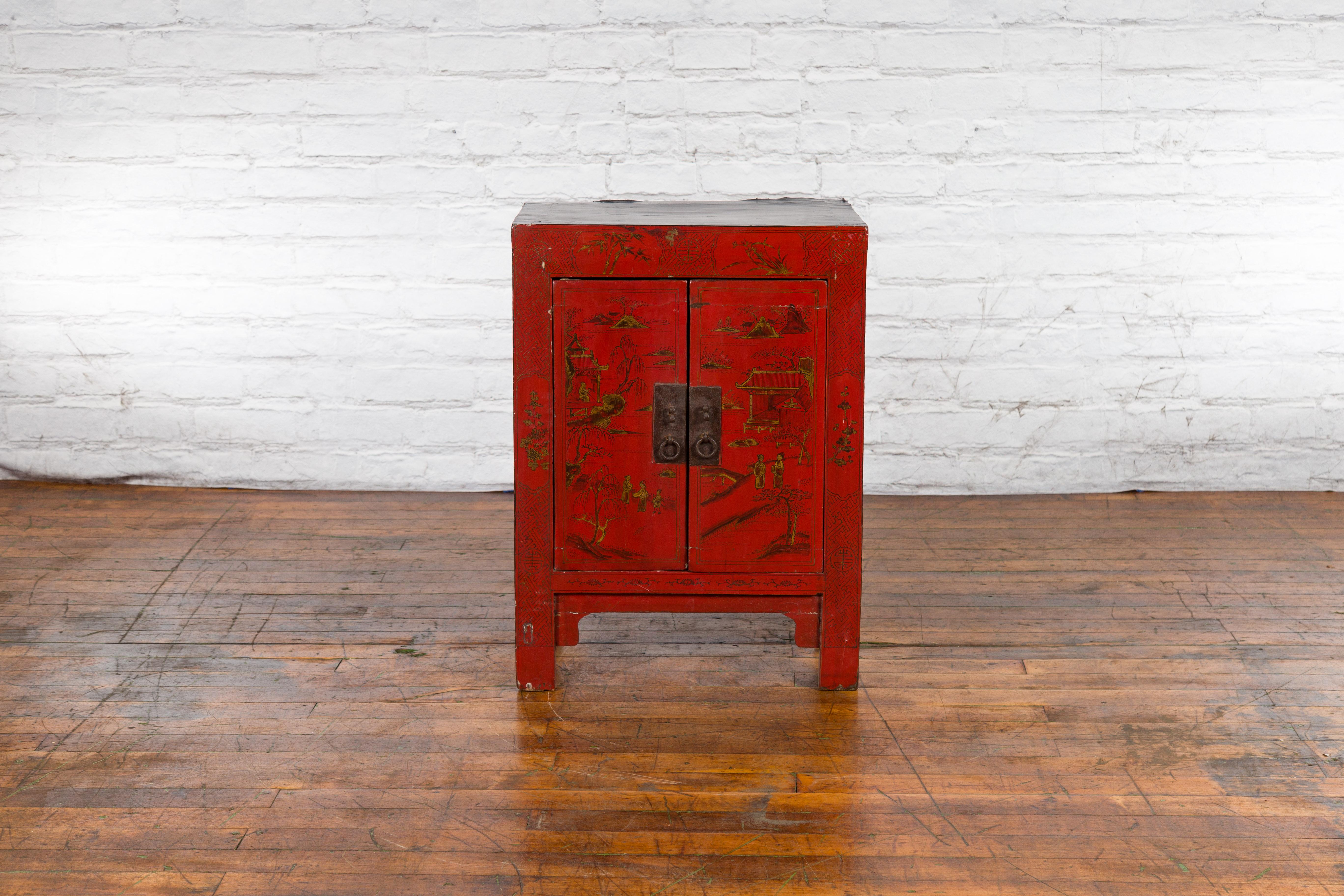 Wood Chinese Qing Dynasty 19th Century Red Lacquer Cabinet with Chinoiserie Décor
