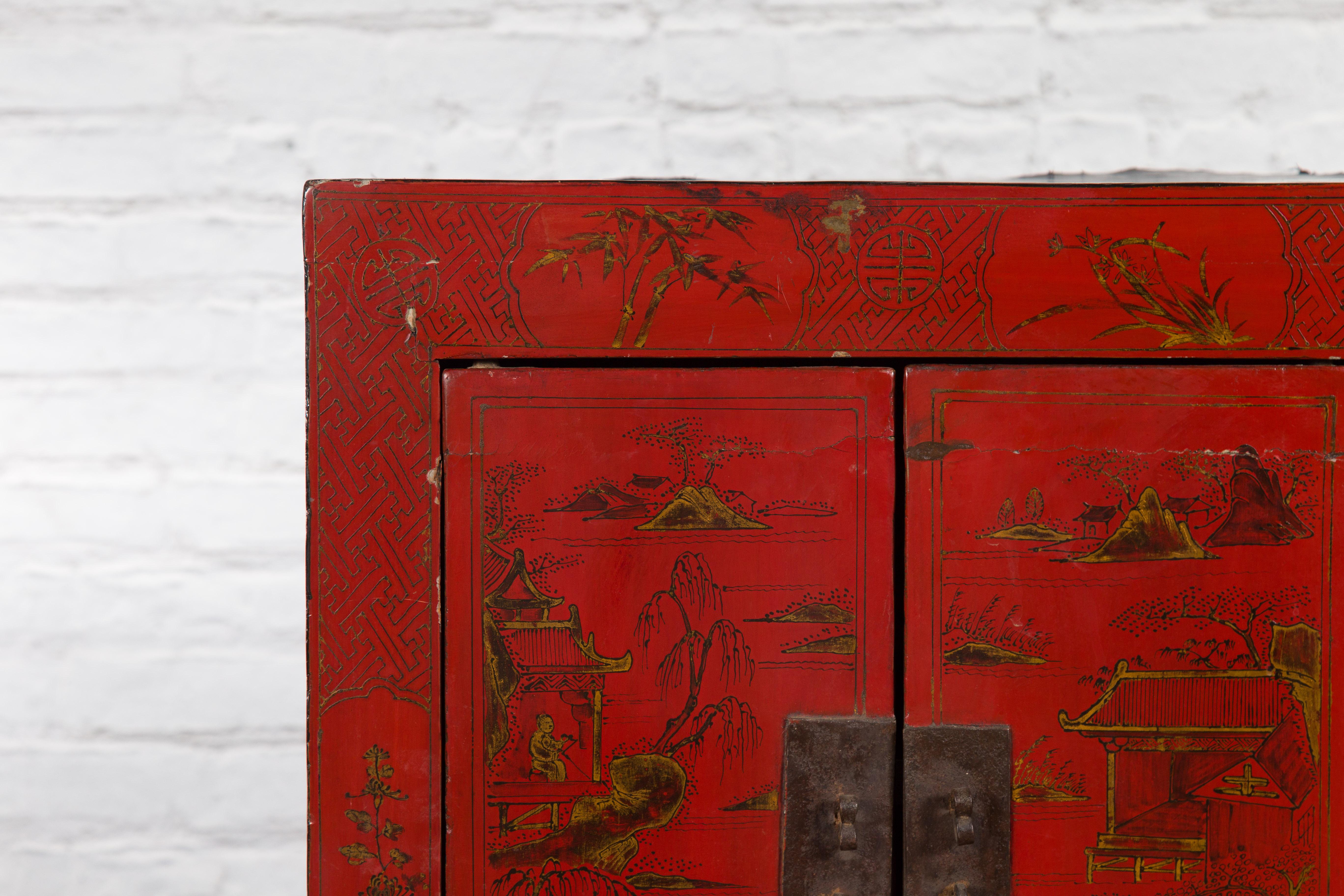 Chinese Qing Dynasty 19th Century Red Lacquer Cabinet with Chinoiserie Décor 2