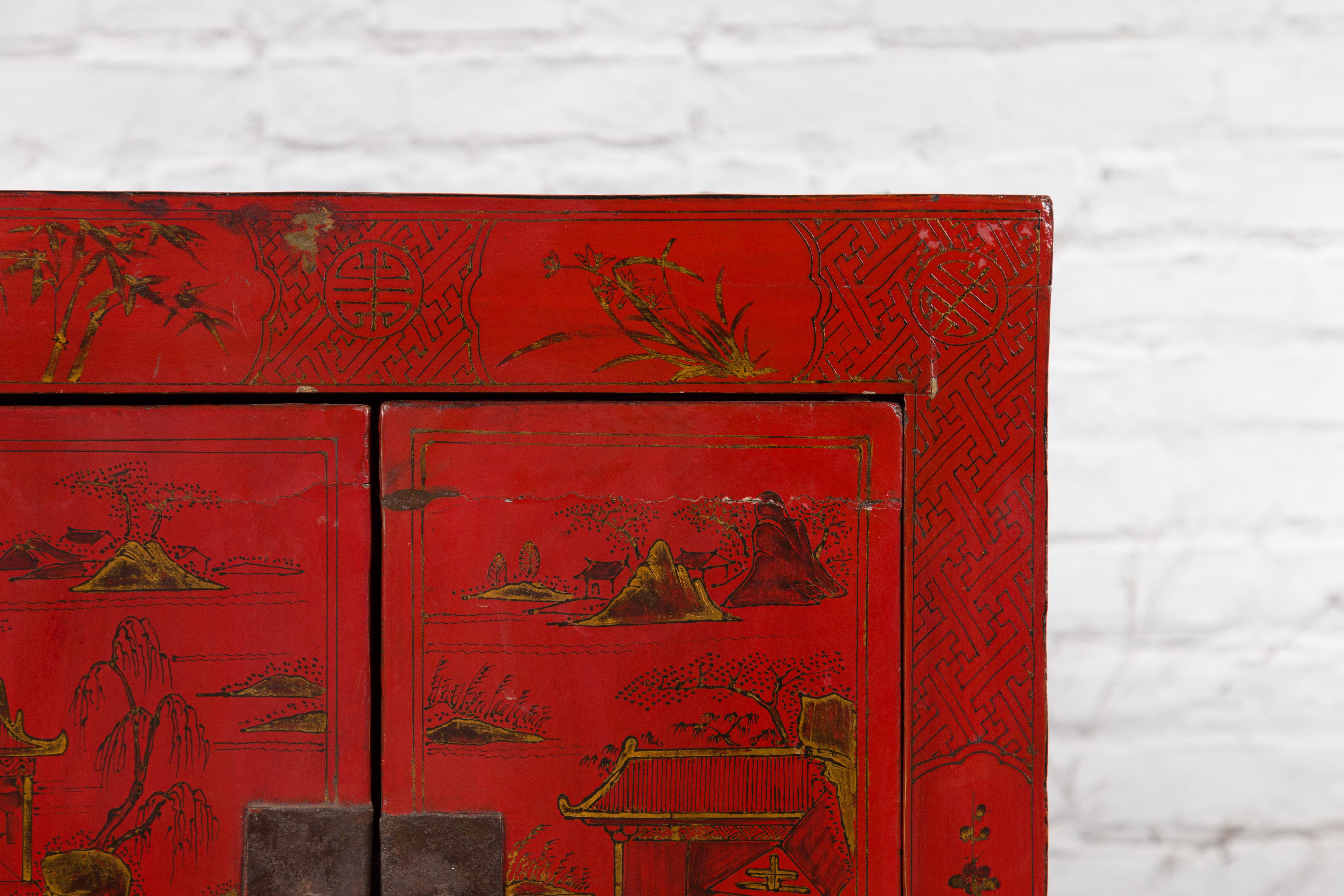Chinese Qing Dynasty 19th Century Red Lacquer Cabinet with Chinoiserie Décor 3