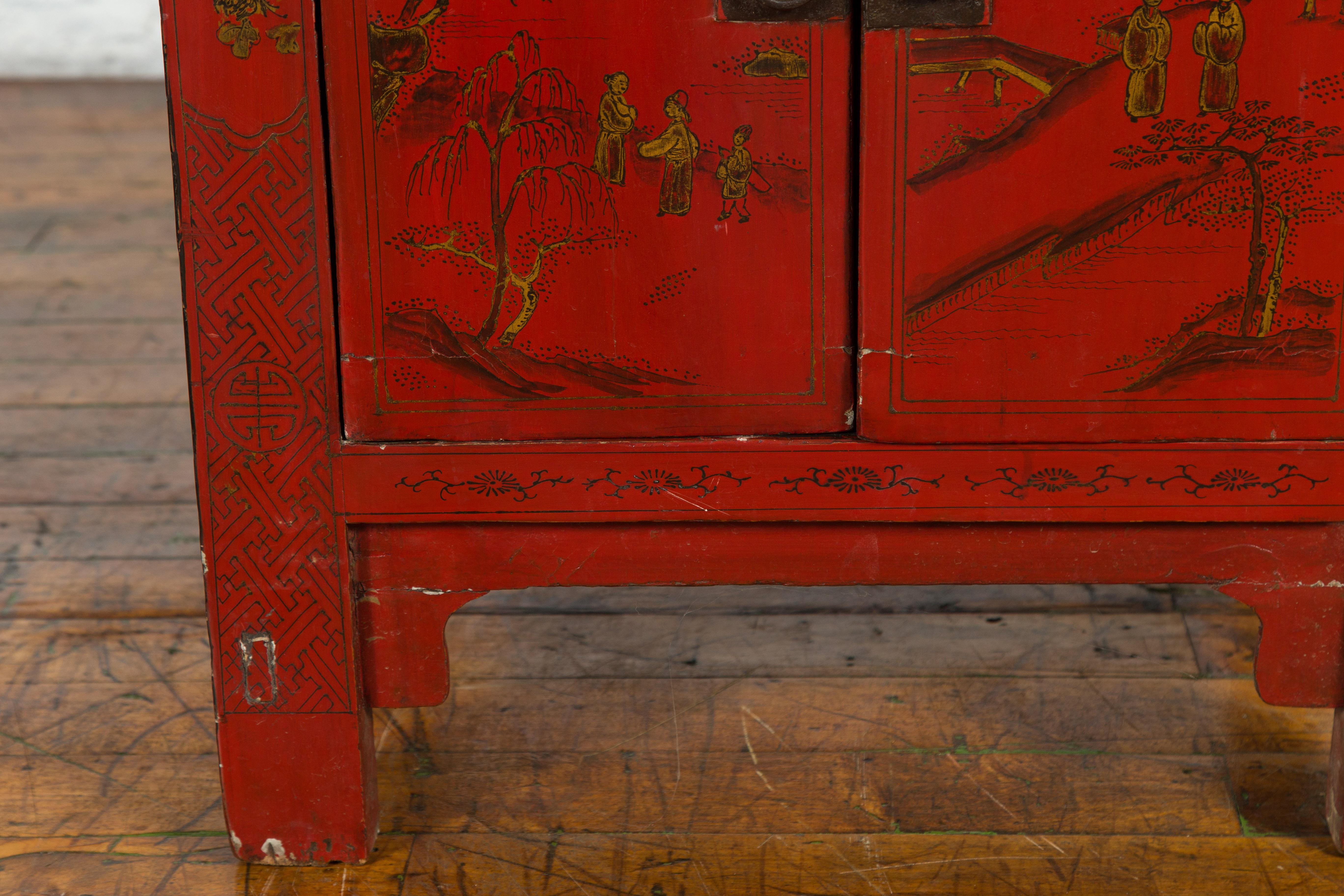 Chinese Qing Dynasty 19th Century Red Lacquer Cabinet with Chinoiserie Décor 4