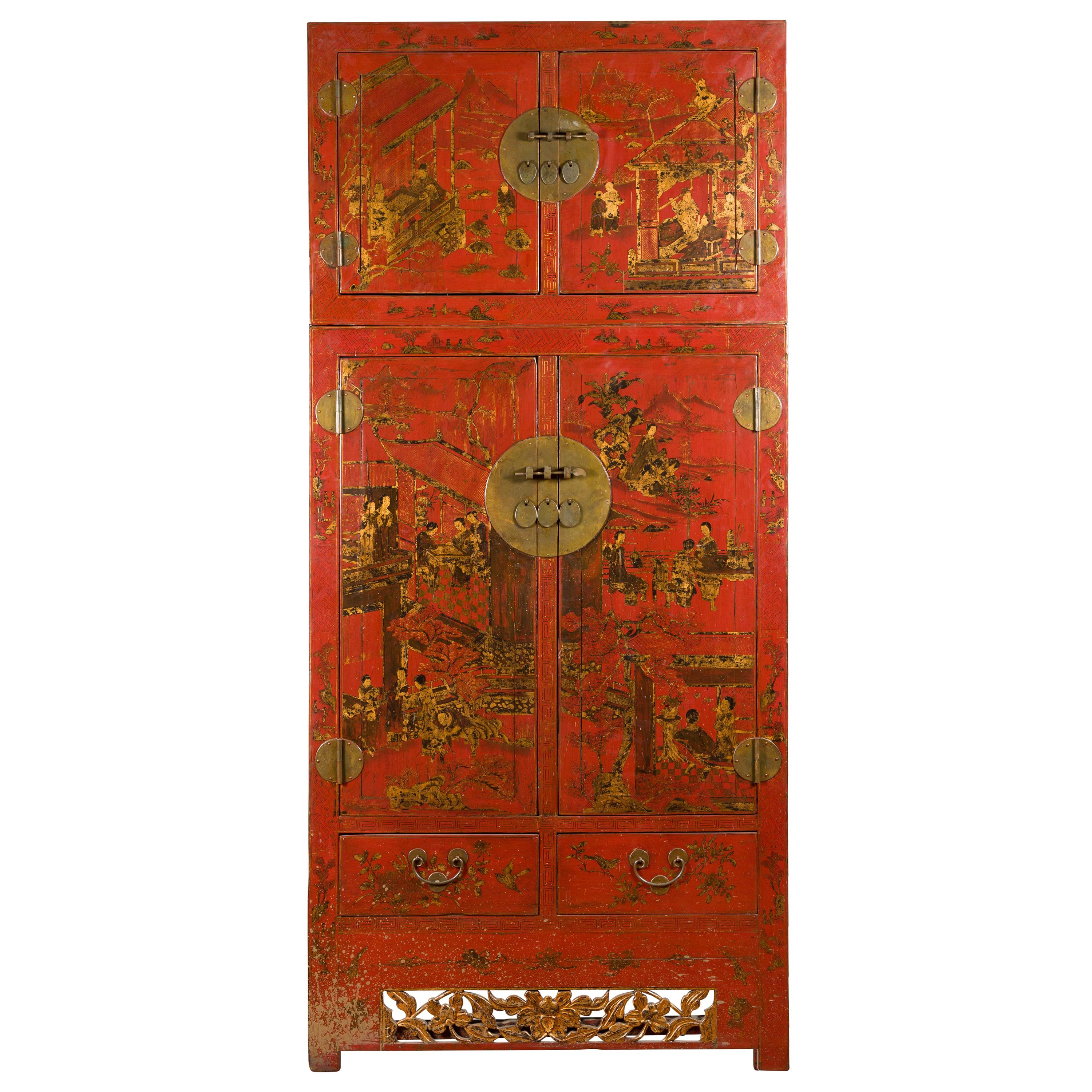 Chinese Qing Dynasty 19th Century Red Lacquer Cabinet with Chinoiserie Décor For Sale