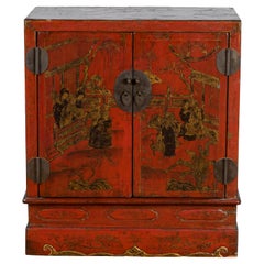 Chinese Qing Dynasty 19th Century Red Lacquer Cabinet with Chinoiserie Décor