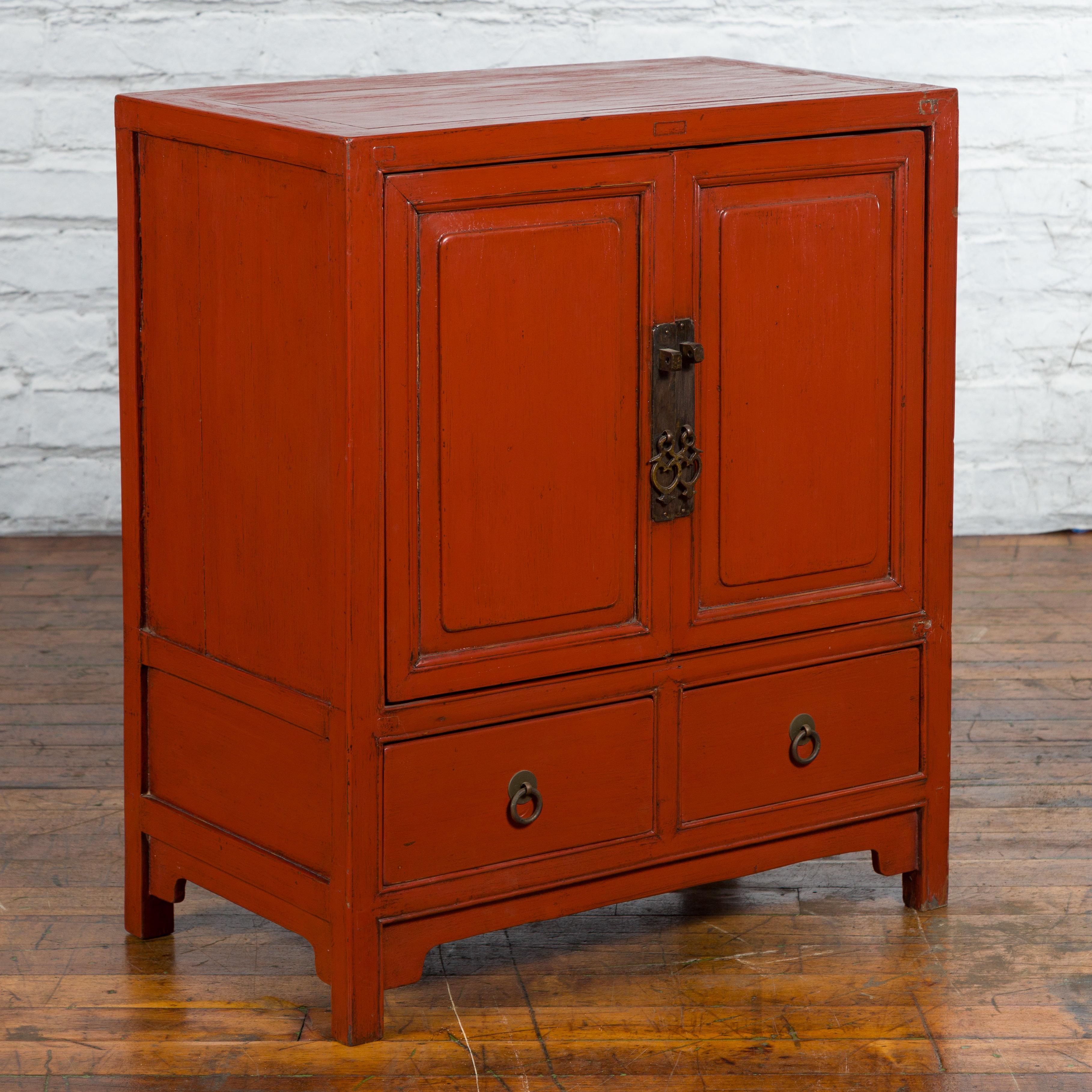 Carved Chinese Qing Dynasty 19th Century Red Lacquer Cabinet with Doors and Drawers For Sale
