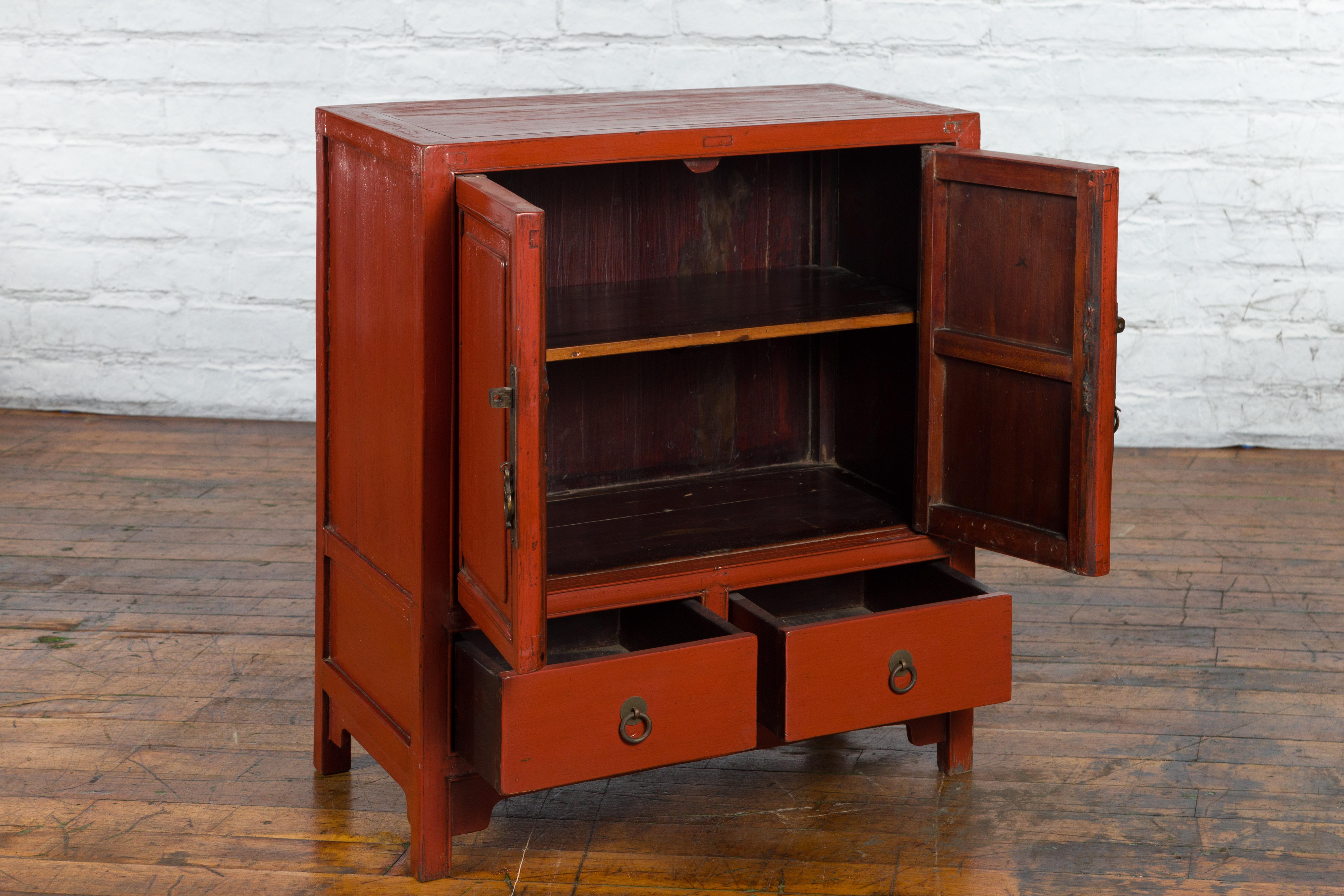 Brass Chinese Qing Dynasty 19th Century Red Lacquer Cabinet with Doors and Drawers For Sale