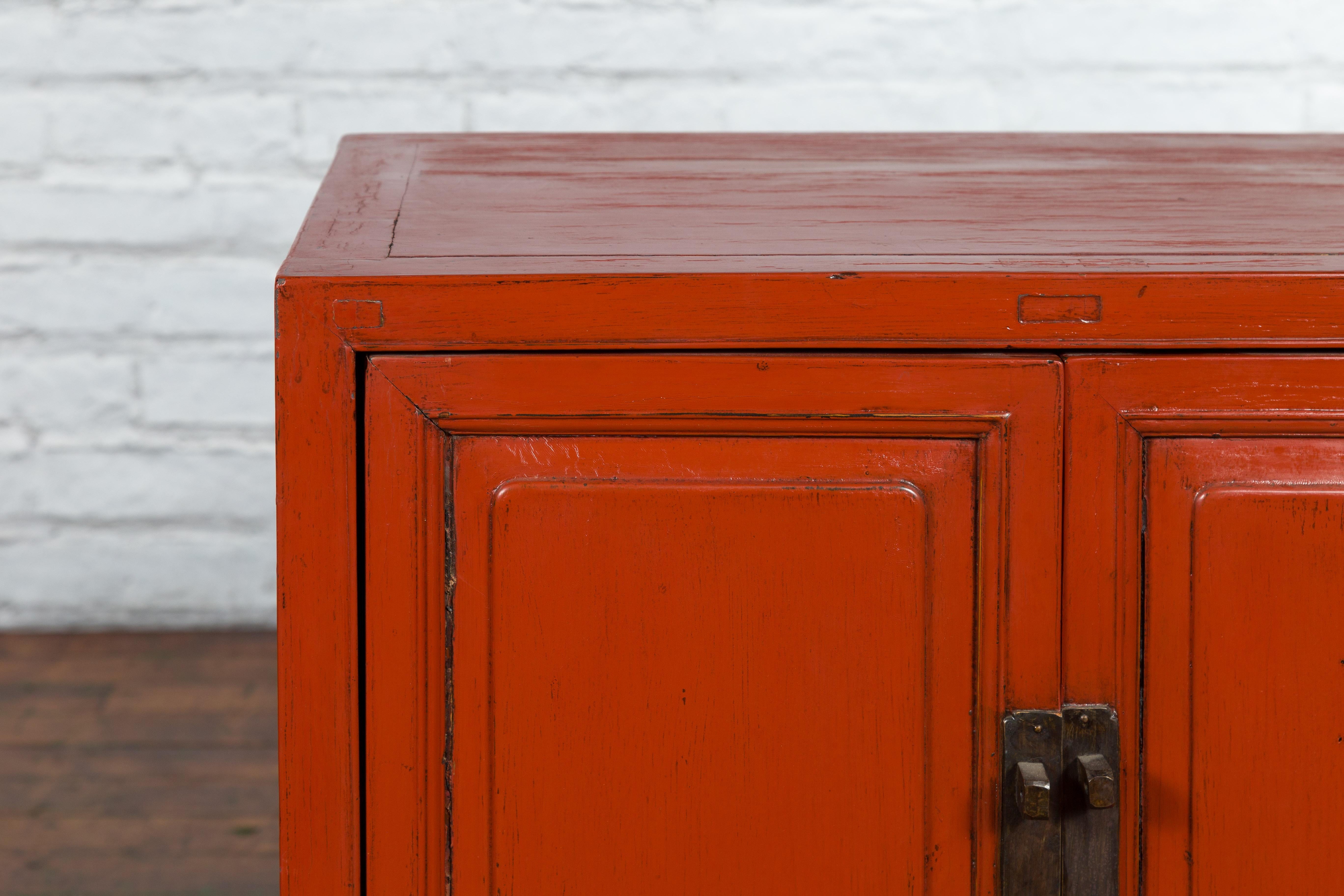 Brass Chinese Qing Dynasty 19th Century Red Lacquer Cabinet with Doors and Drawers For Sale
