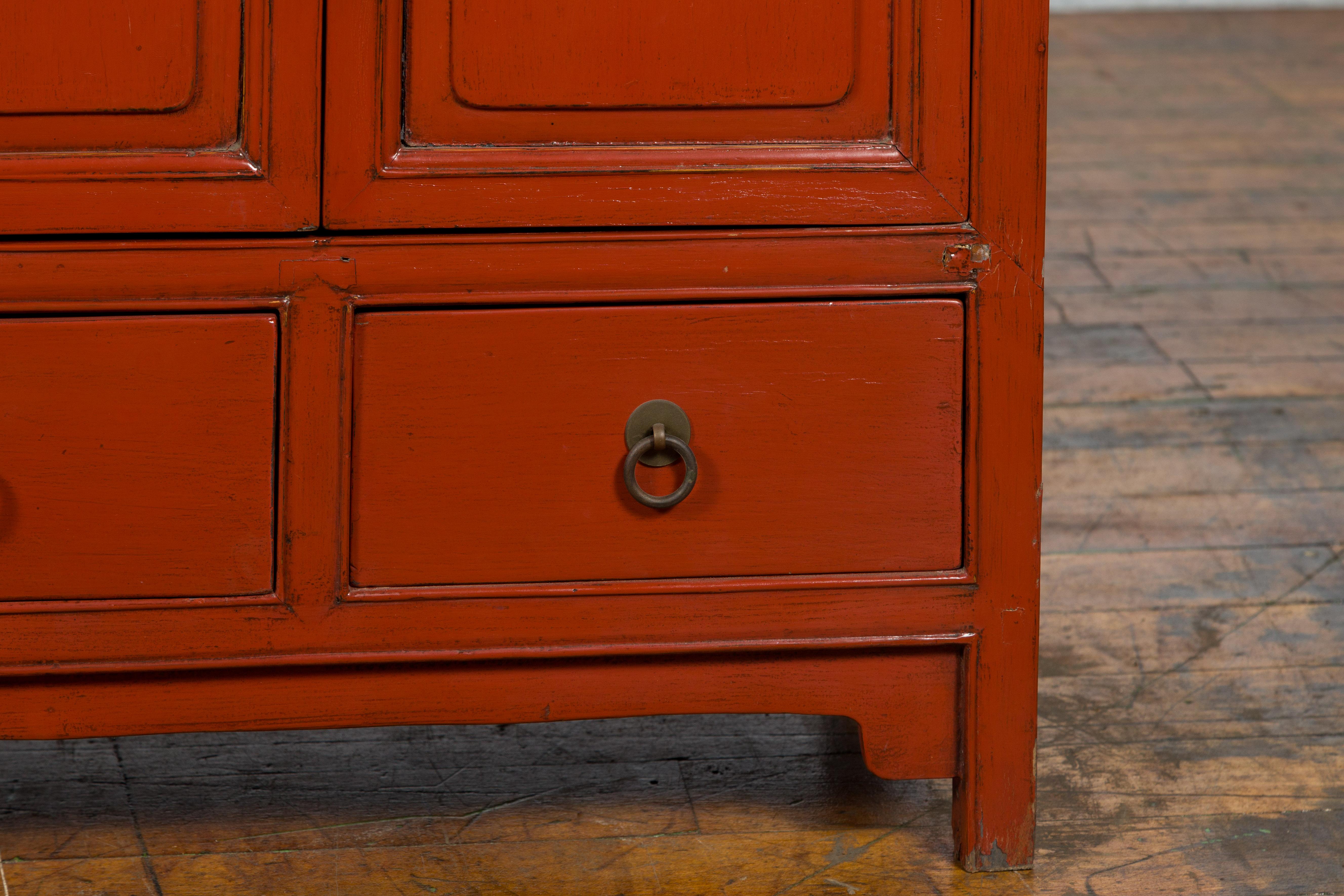 Chinese Qing Dynasty 19th Century Red Lacquer Cabinet with Doors and Drawers For Sale 4
