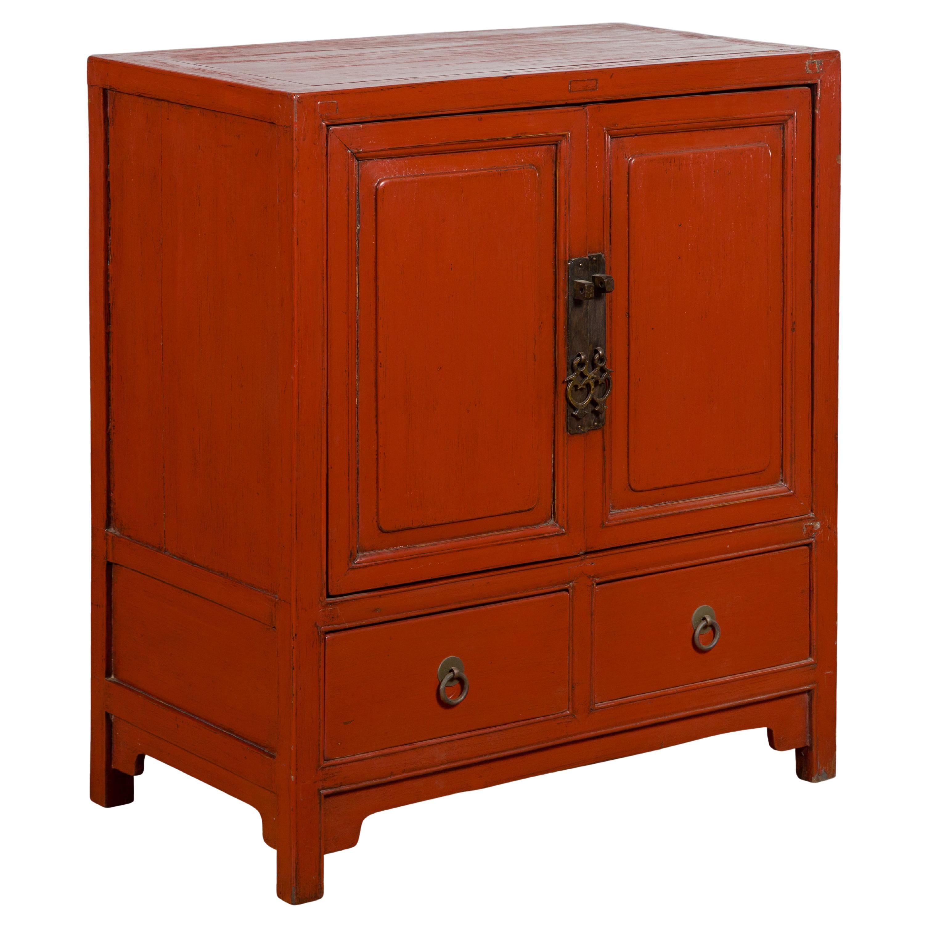 Chinese Qing Dynasty 19th Century Red Lacquer Cabinet with Doors and Drawers For Sale