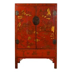 Chinese Qing Dynasty 19th Century Red Lacquer Cabinet with Gold Chinoiseries