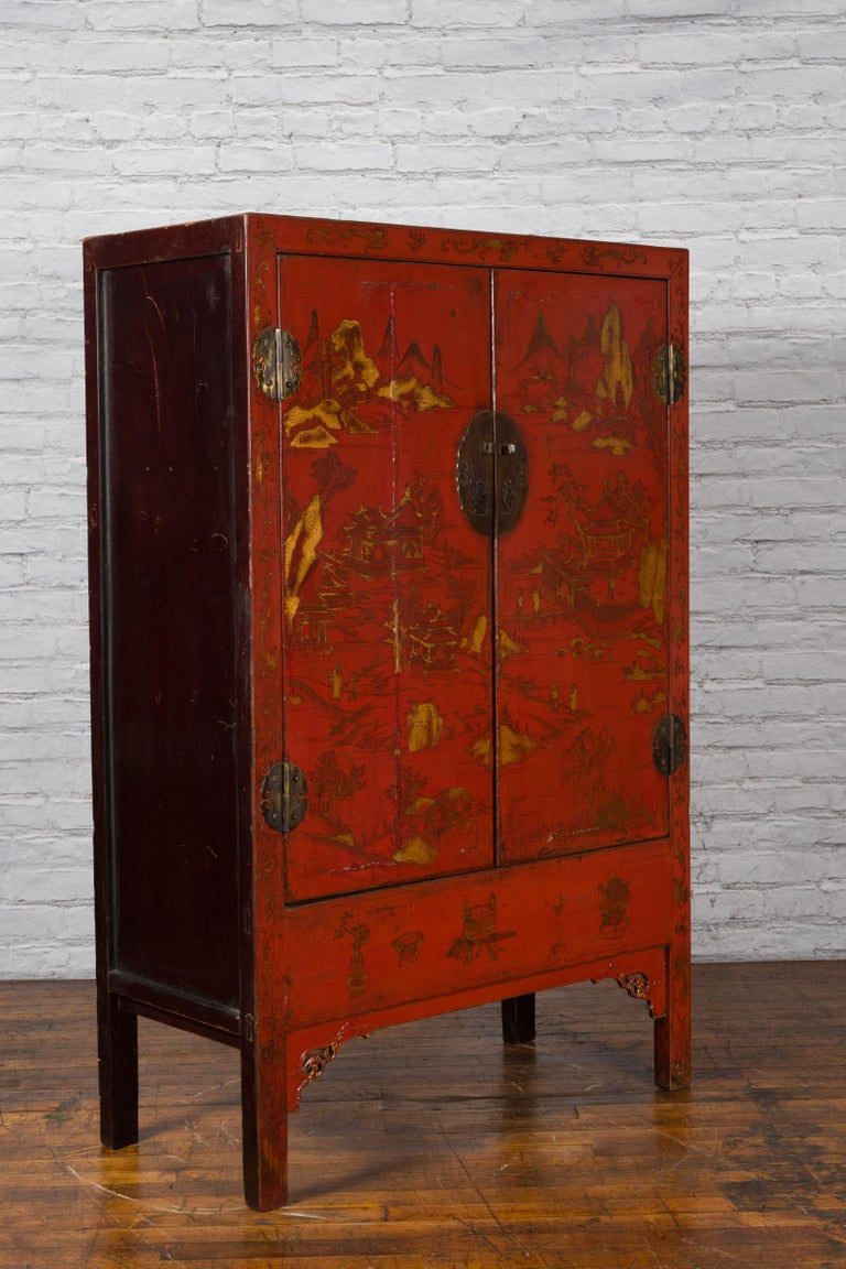 Gilt Chinese Qing Dynasty 19th Century Red Lacquer Cabinet with Gold Chinoiseries For Sale