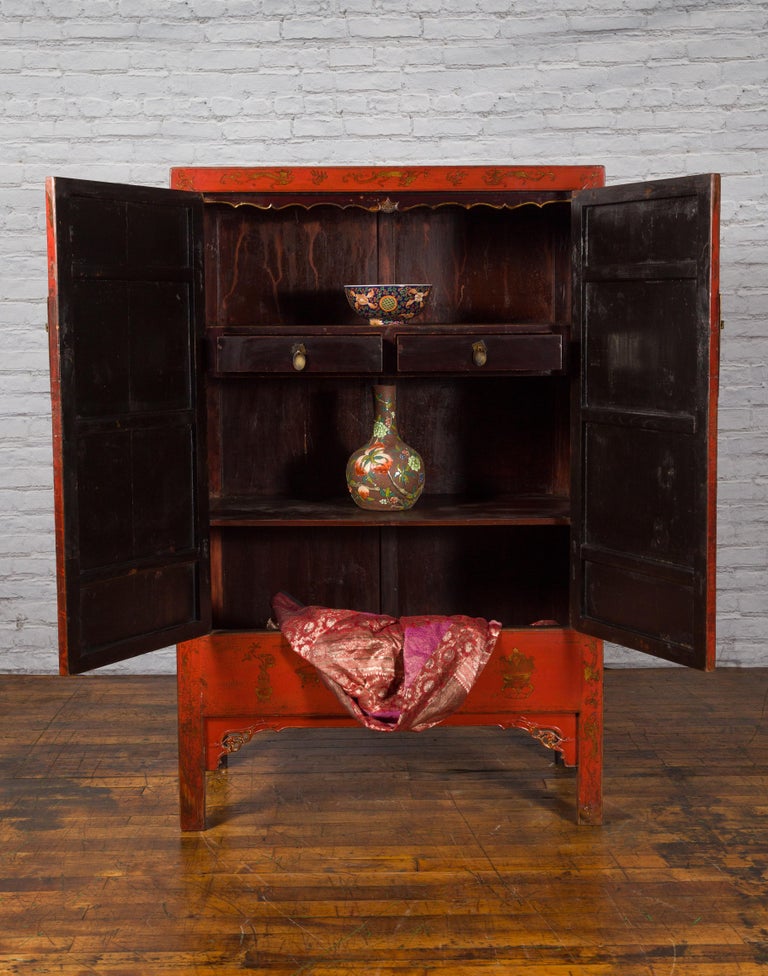 Wood Chinese Qing Dynasty 19th Century Red Lacquer Cabinet with Gold Chinoiseries For Sale