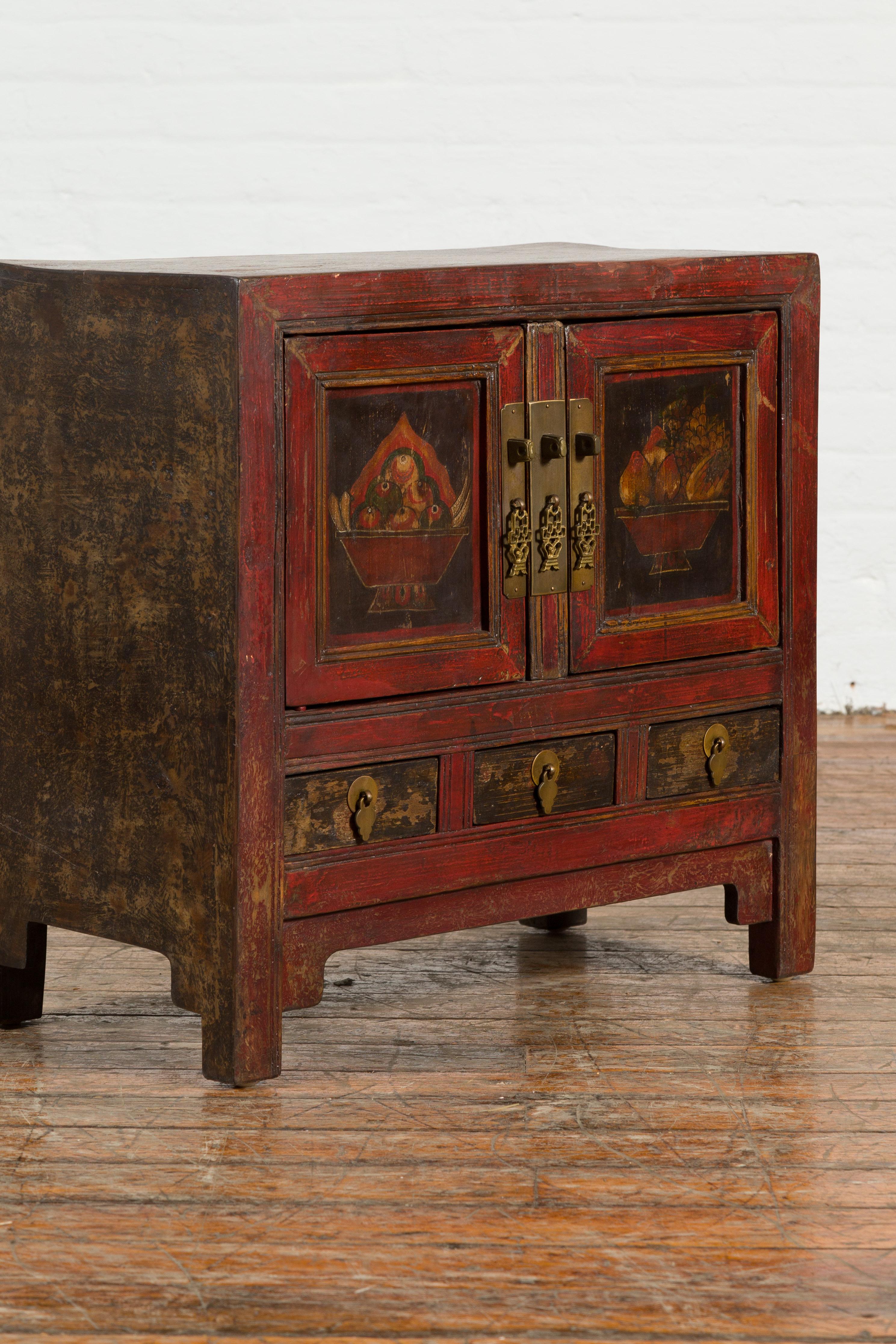 Chinese Qing Dynasty 19th Century Red Lacquer Cabinet with Painted Fruit Baskets For Sale 3