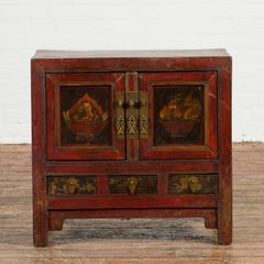 Chinese Qing Dynasty 19th Century Red Lacquer Cabinet with Painted Fruit Baskets