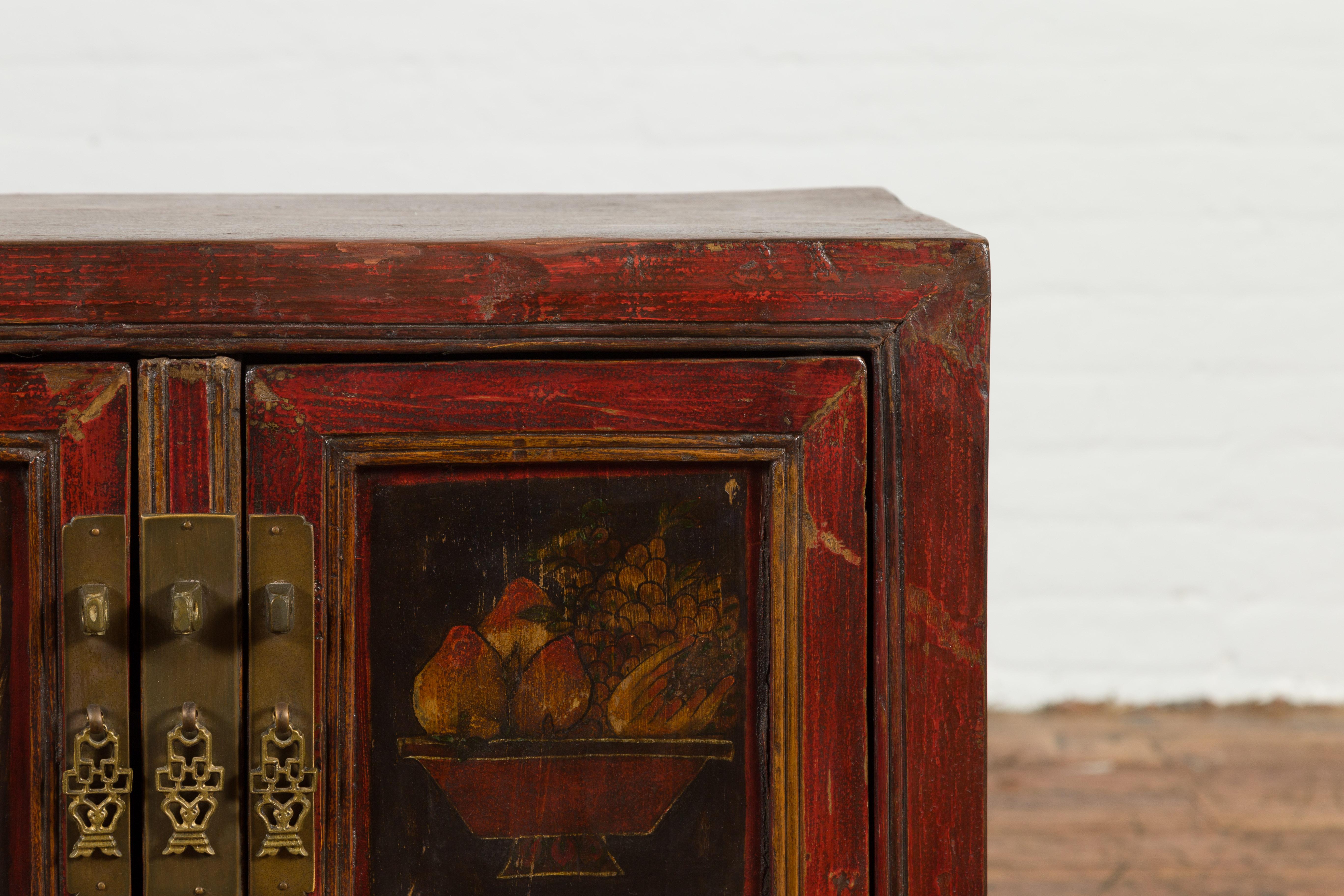 Lacquered Chinese Qing Dynasty 19th Century Red Lacquer Cabinet with Painted Fruit Baskets For Sale