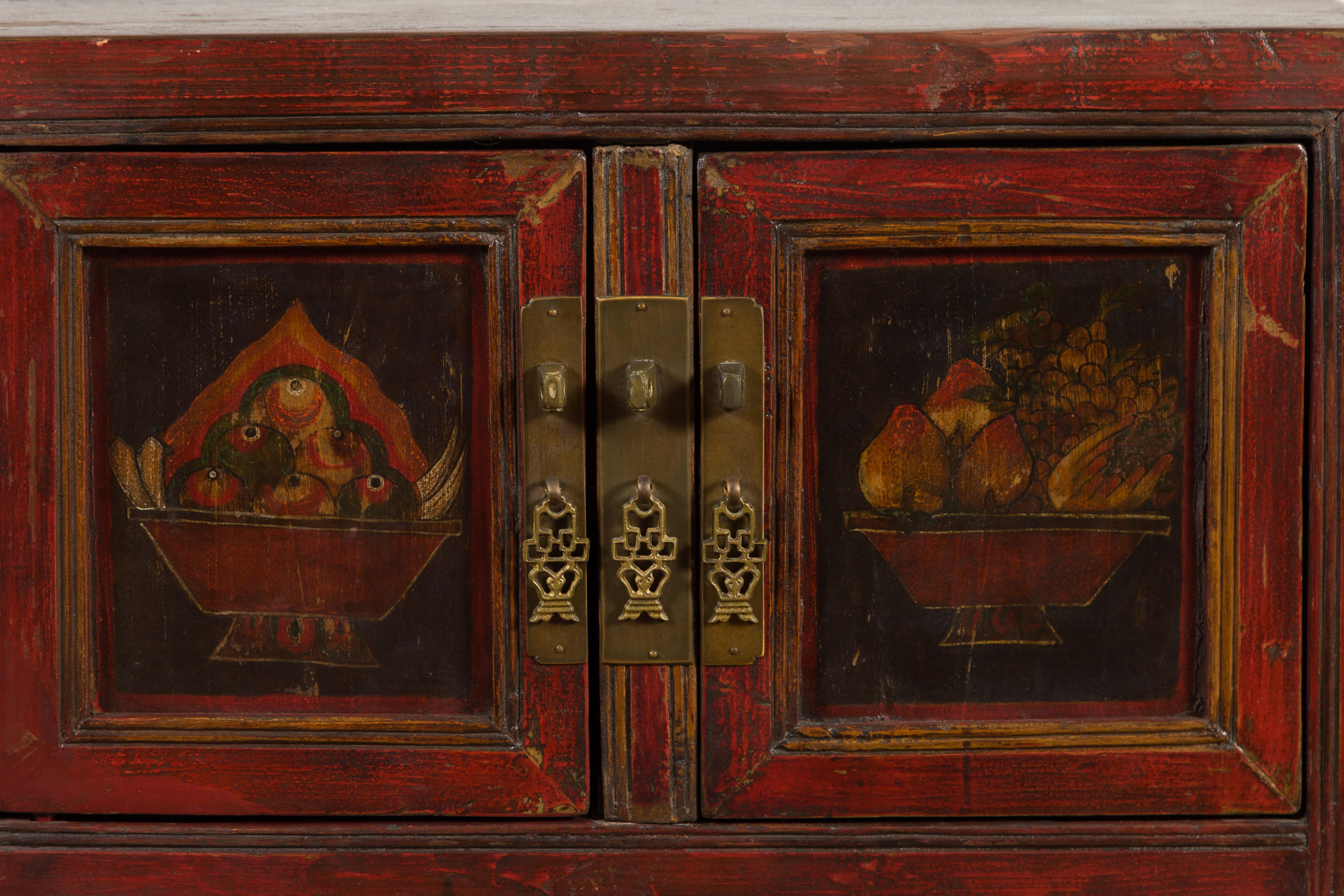Chinese Qing Dynasty 19th Century Red Lacquer Cabinet with Painted Fruit Baskets In Good Condition For Sale In Yonkers, NY