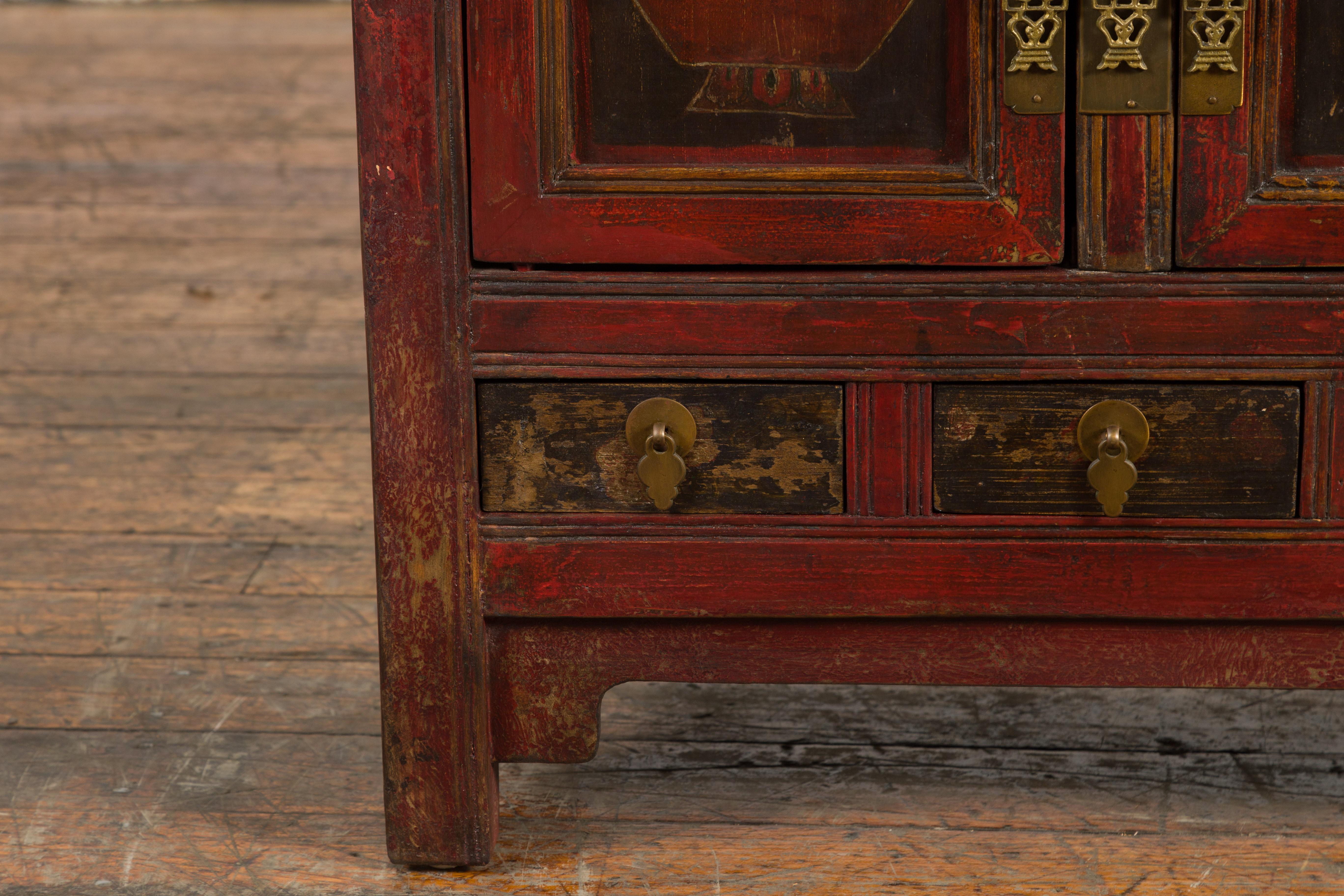 Brass Chinese Qing Dynasty 19th Century Red Lacquer Cabinet with Painted Fruit Baskets For Sale