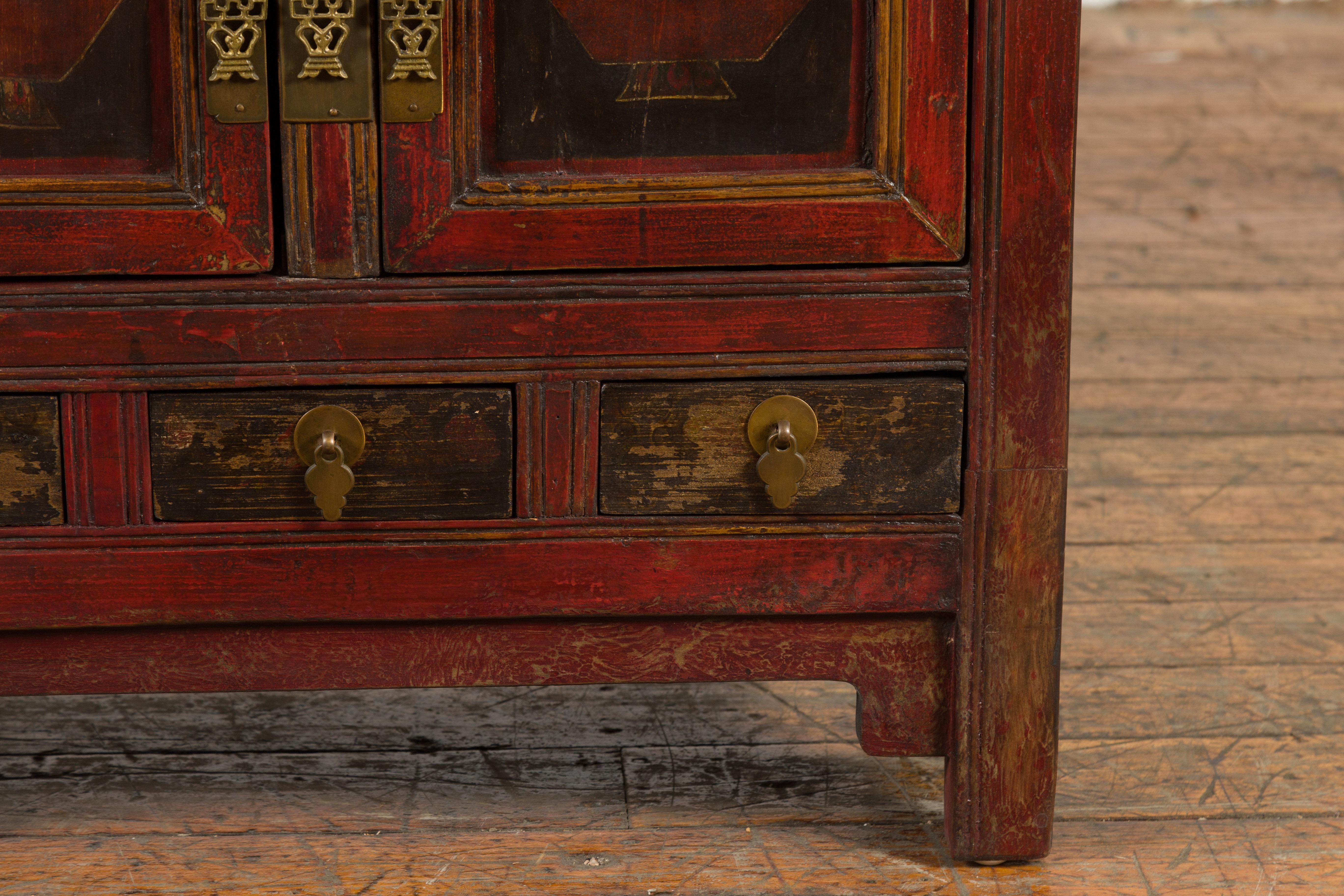 Chinese Qing Dynasty 19th Century Red Lacquer Cabinet with Painted Fruit Baskets For Sale 1