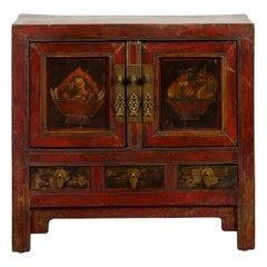 Chinese Qing Dynasty 19th Century Red Lacquer Cabinet with Painted Fruit Baskets