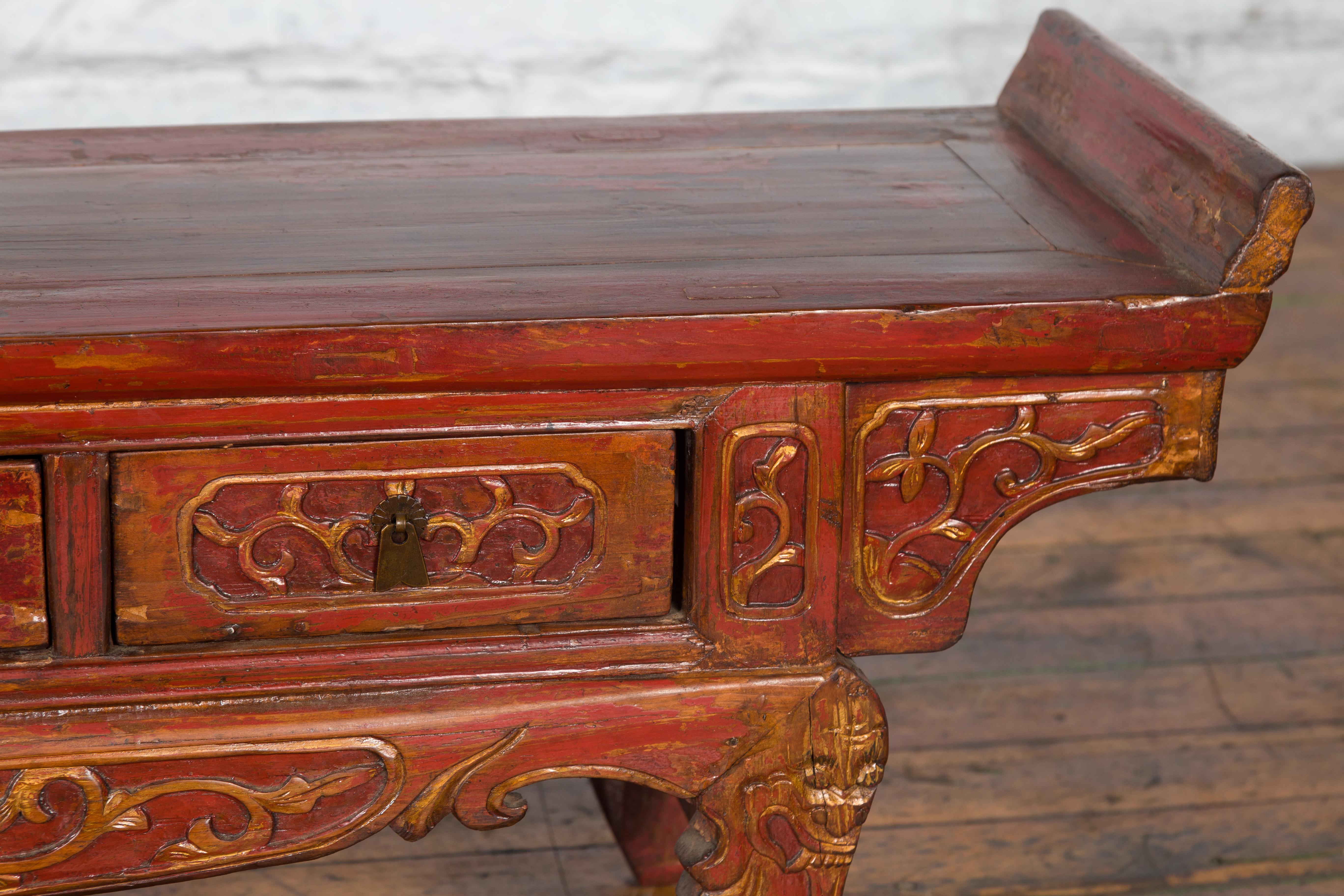 Chinese Qing Dynasty 19th Century Red Lacquer Low Altar Table with Carved Motifs For Sale 7