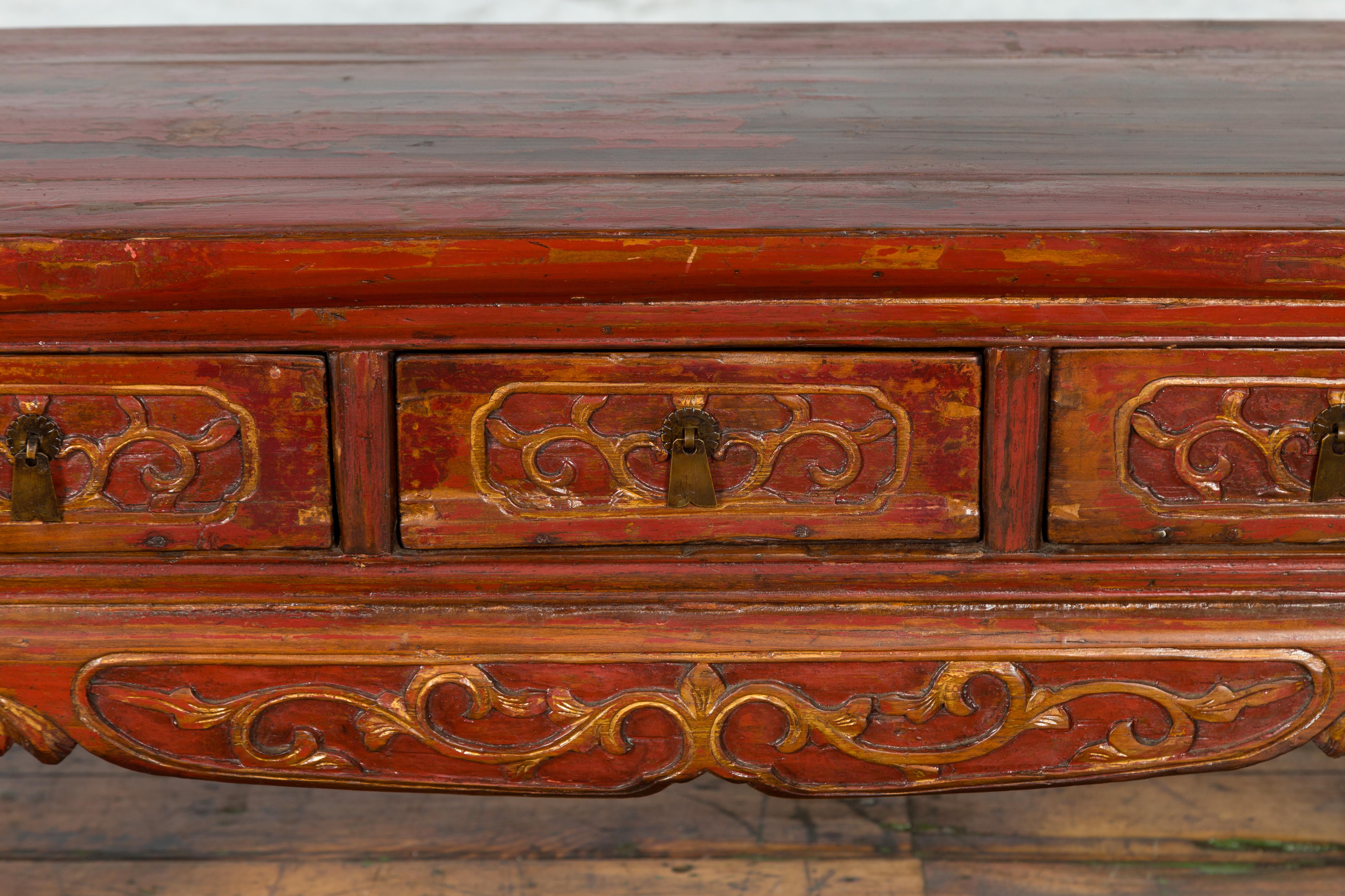 Chinese Qing Dynasty 19th Century Red Lacquer Low Altar Table with Carved Motifs For Sale 8