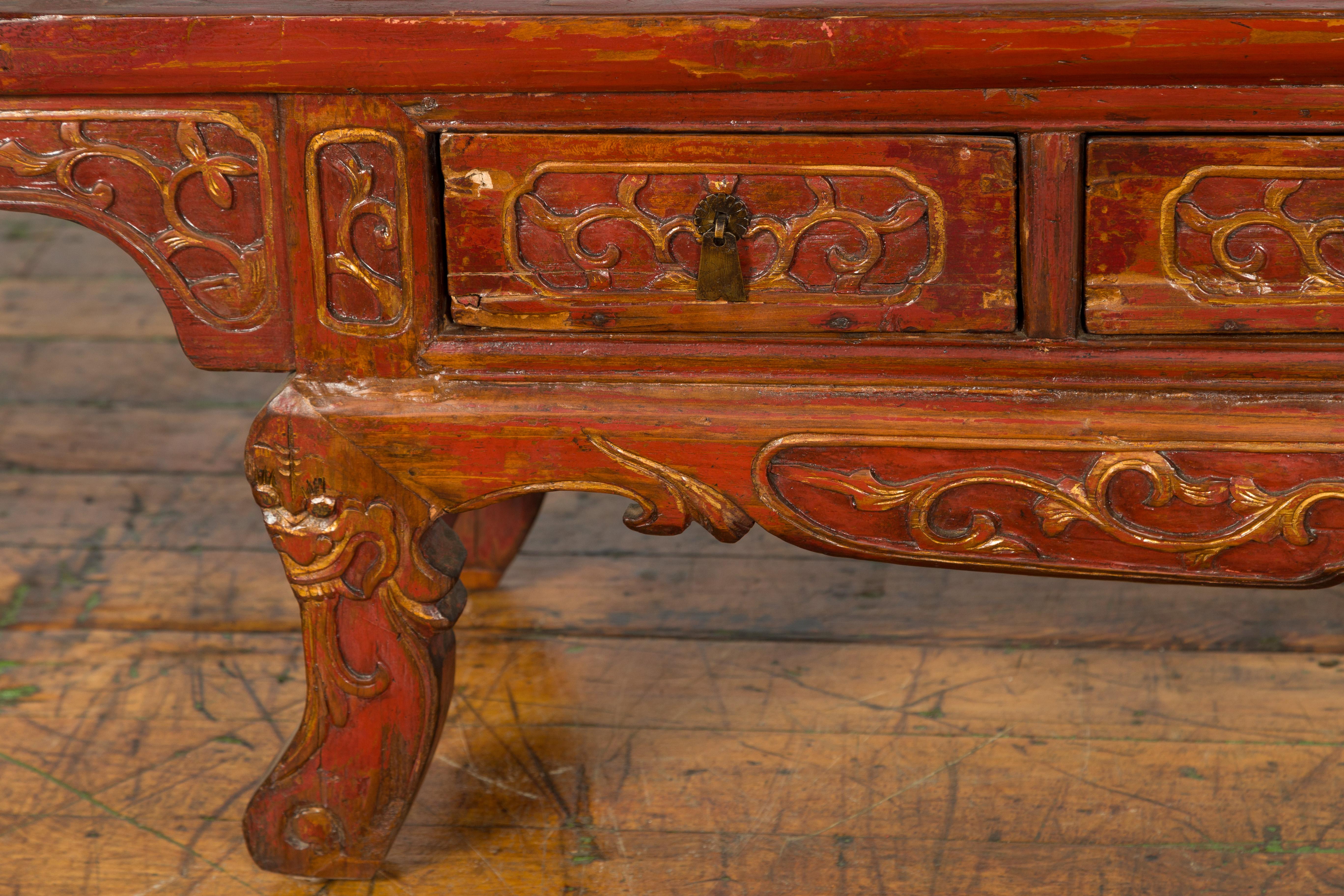 Chinese Qing Dynasty 19th Century Red Lacquer Low Altar Table with Carved Motifs For Sale 9