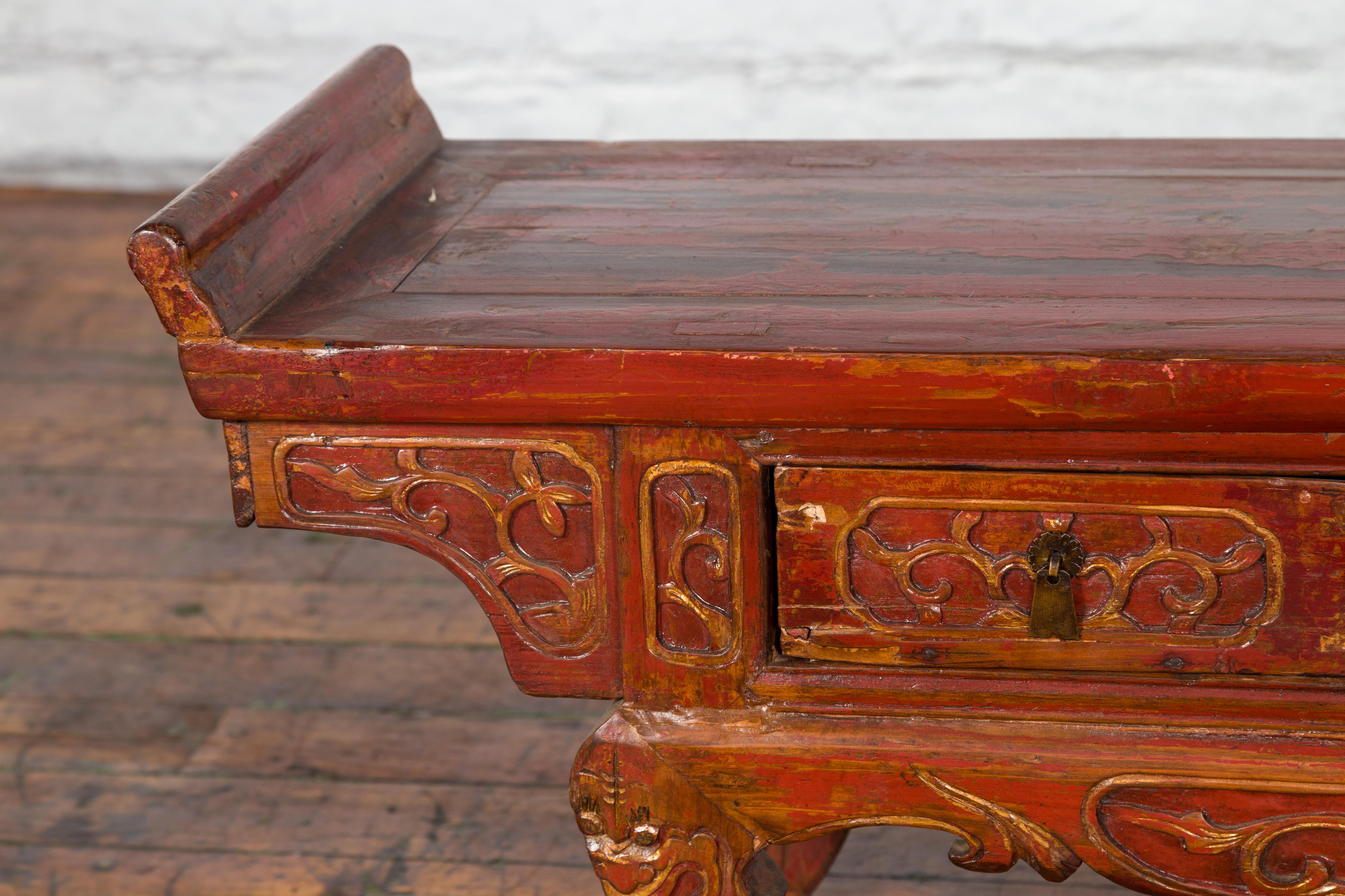 Chinese Qing Dynasty 19th Century Red Lacquer Low Altar Table with Carved Motifs For Sale 10