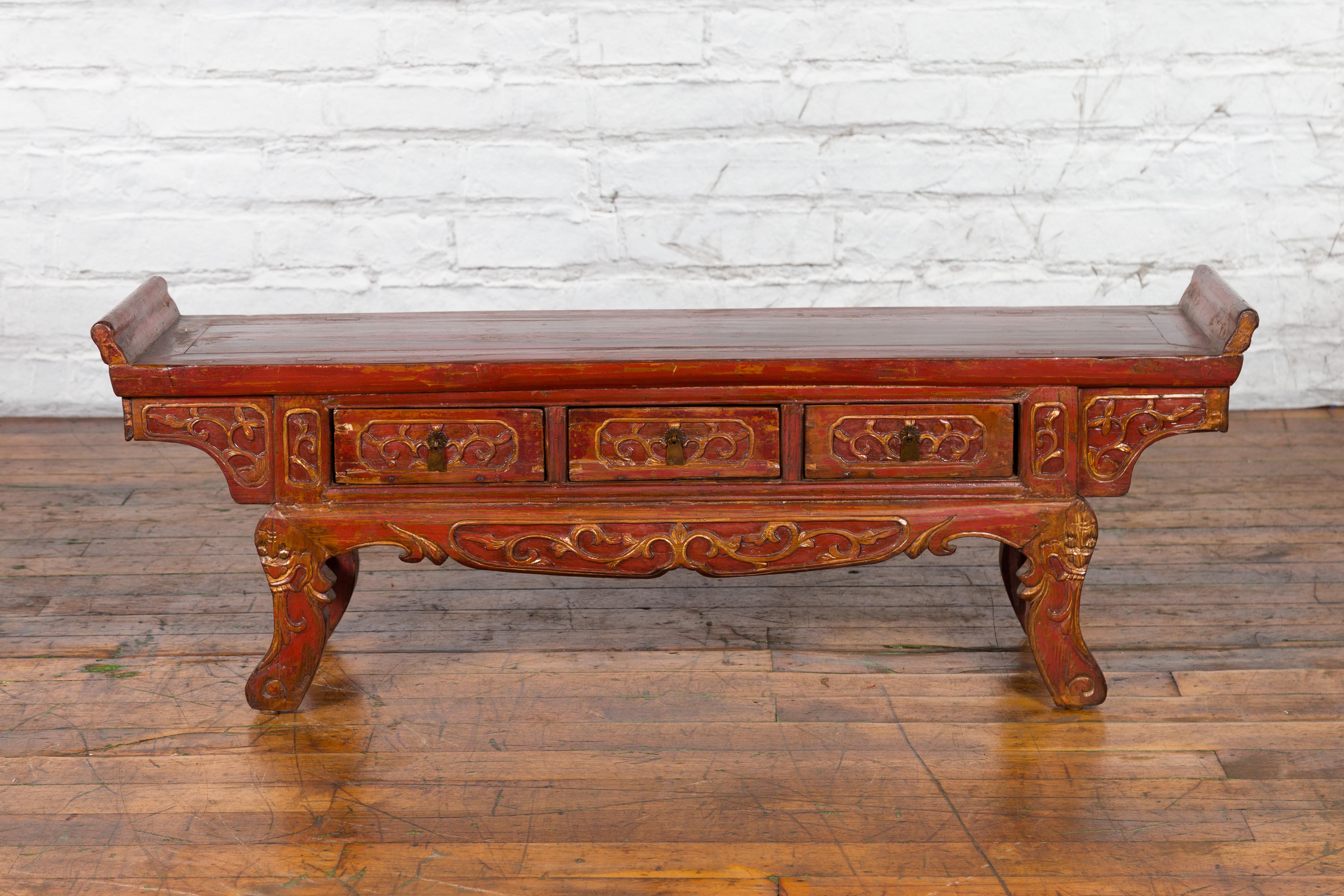 Chinese Qing Dynasty 19th Century Red Lacquer Low Altar Table with Carved Motifs For Sale 11