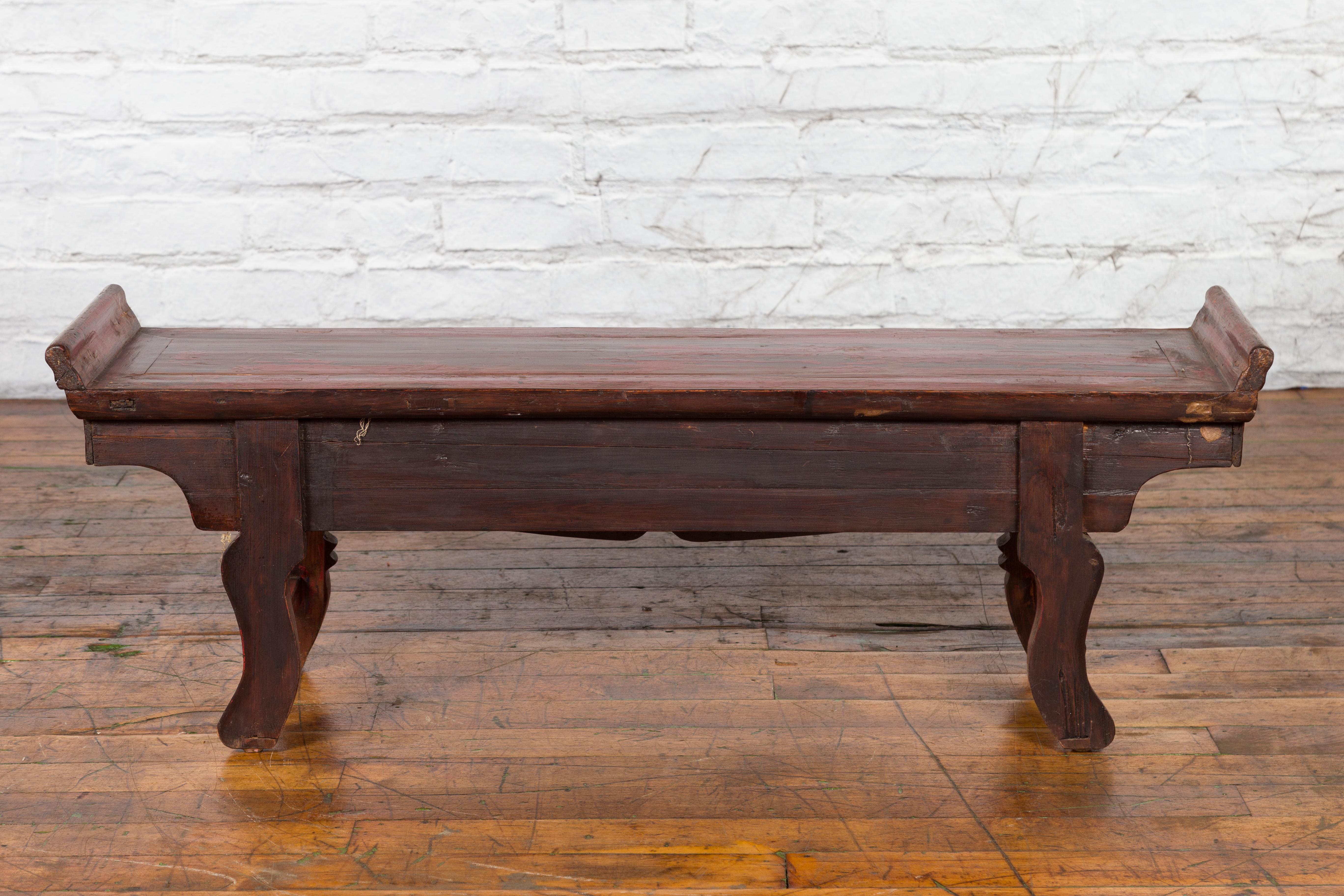 Wood Chinese Qing Dynasty 19th Century Red Lacquer Low Altar Table with Carved Motifs For Sale
