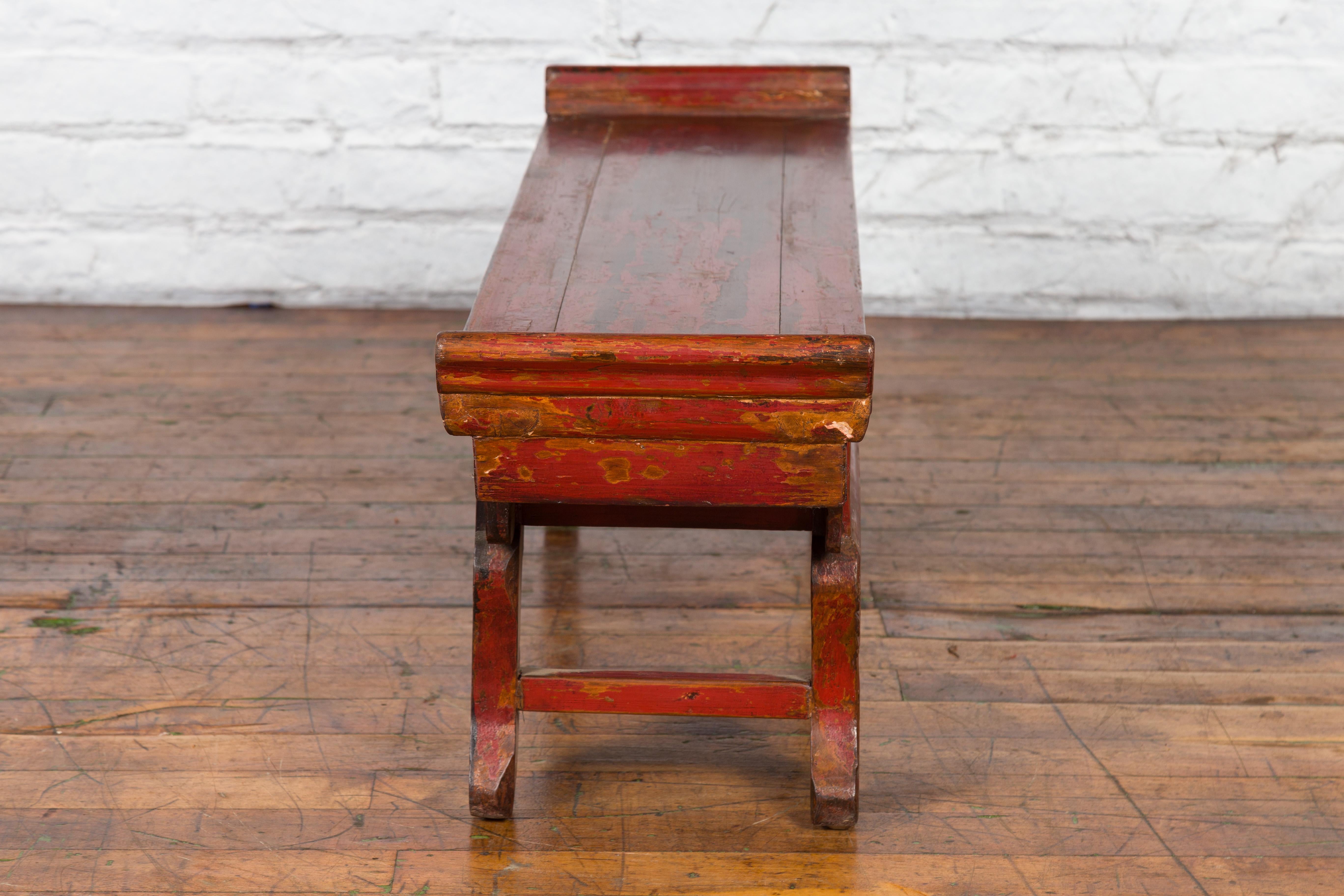 Chinese Qing Dynasty 19th Century Red Lacquer Low Altar Table with Carved Motifs For Sale 1