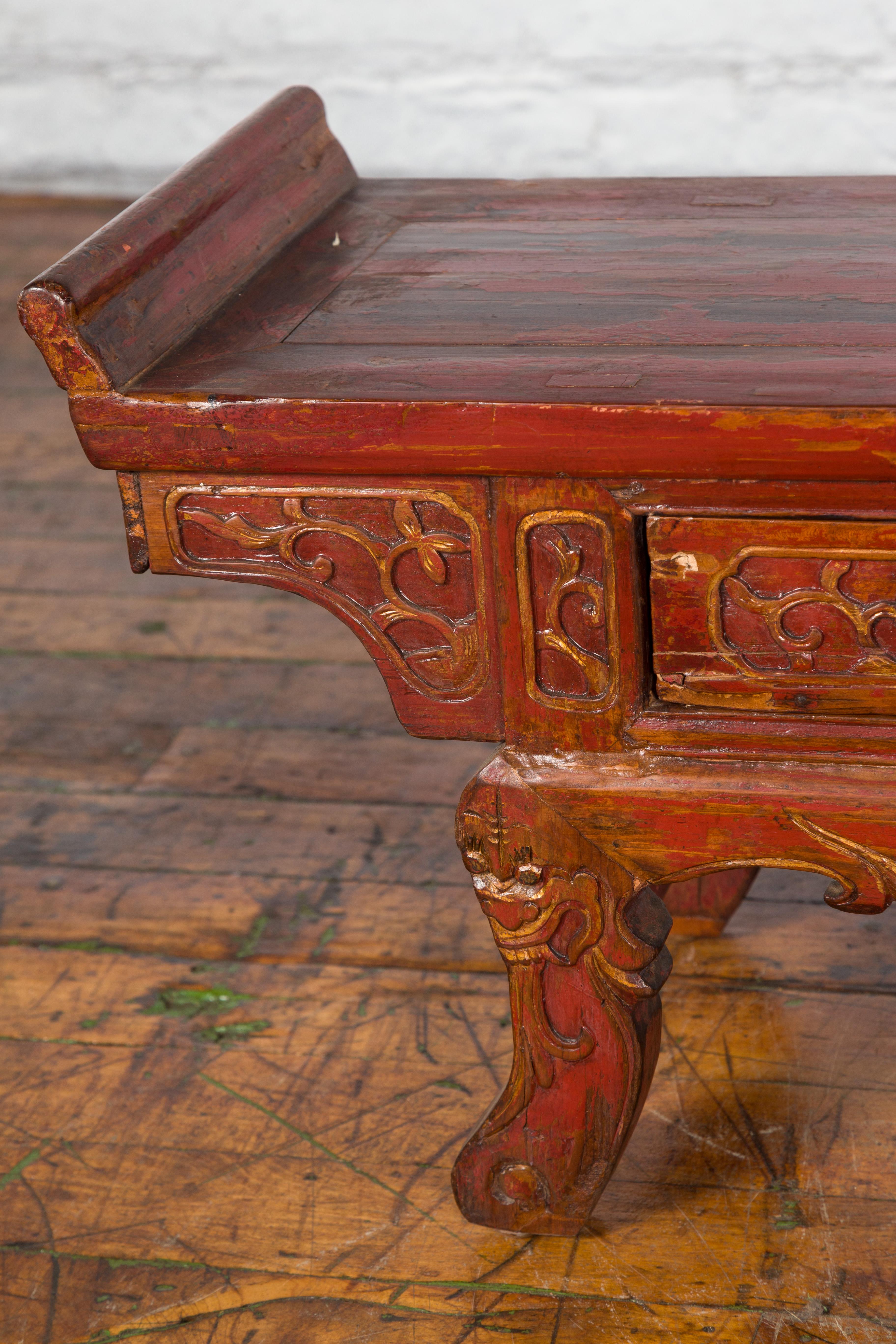 Chinese Qing Dynasty 19th Century Red Lacquer Low Altar Table with Carved Motifs For Sale 5