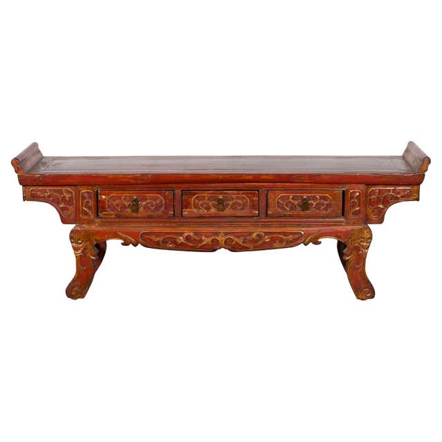 Chinese Antique Dark Brown Lacquered Low Display Table with Carved Legs ...