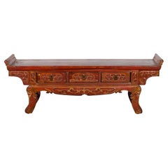 Antique Chinese Qing Dynasty 19th Century Red Lacquer Low Altar Table with Carved Motifs
