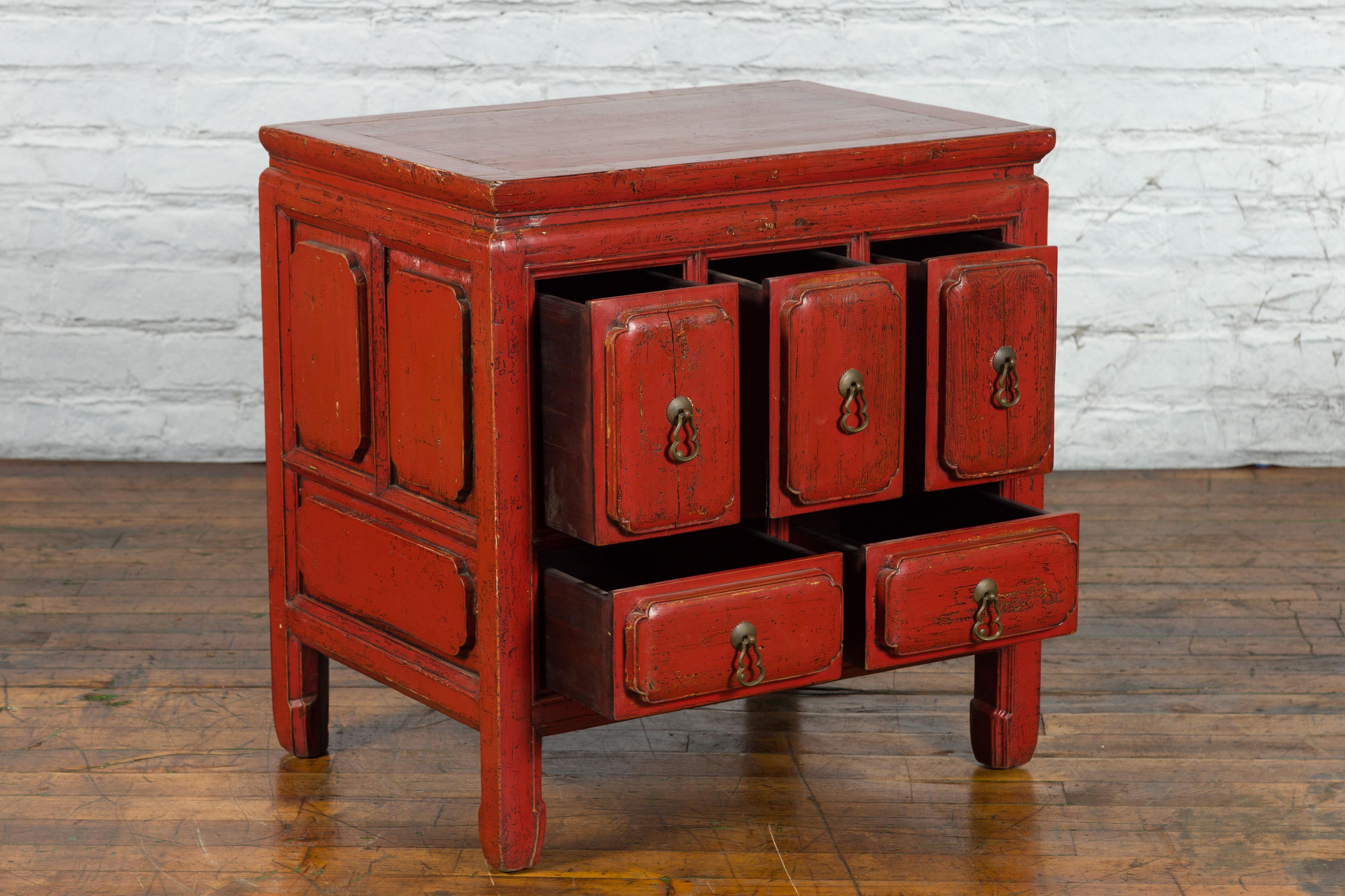 Chinese Qing Dynasty 19th Century Red Lacquer Side Chest with Five Drawers 8