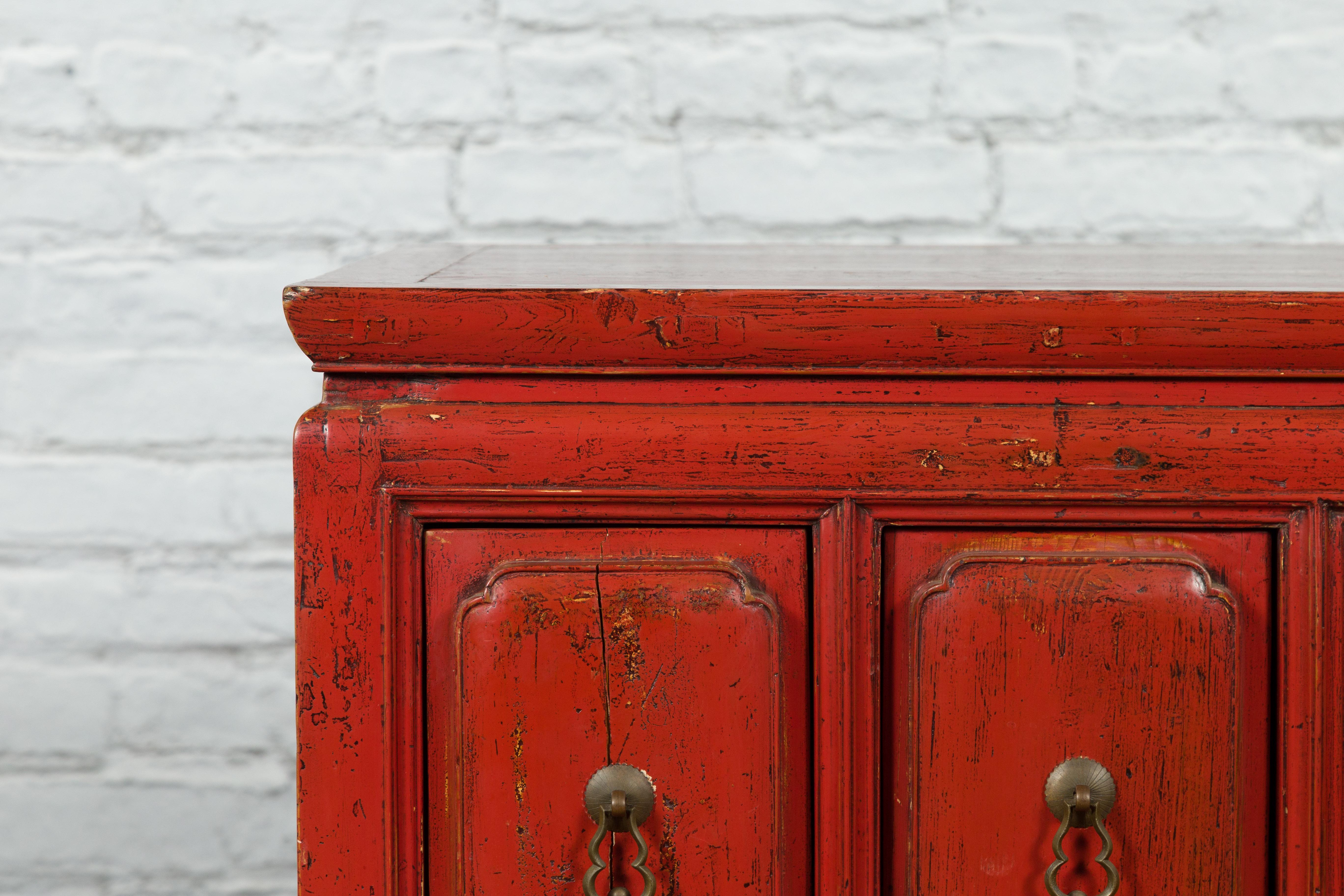 Wood Chinese Qing Dynasty 19th Century Red Lacquer Side Chest with Five Drawers