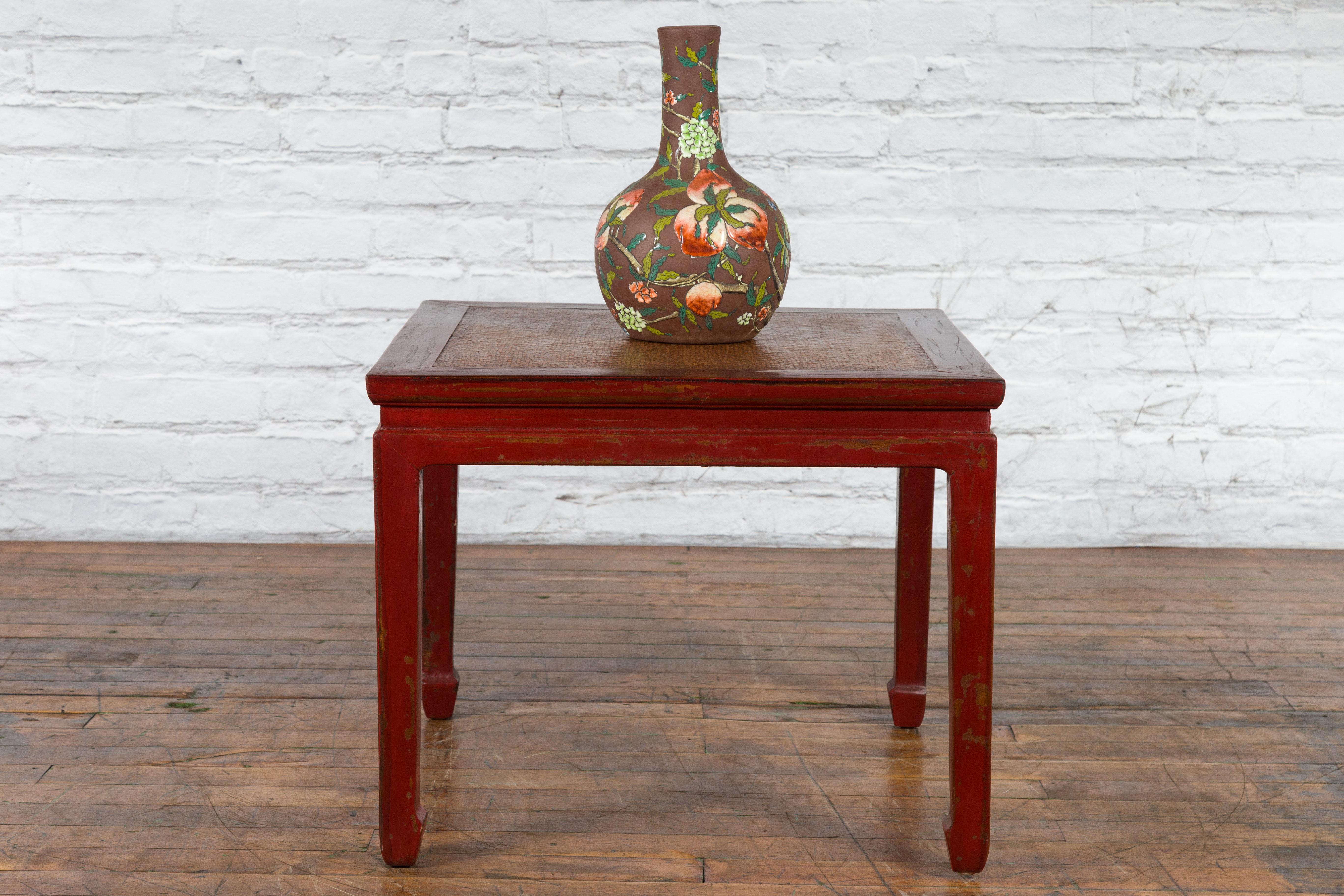 Lacquered Chinese Qing Dynasty 19th Century Red Lacquer Side Table with Woven Rattan Top For Sale