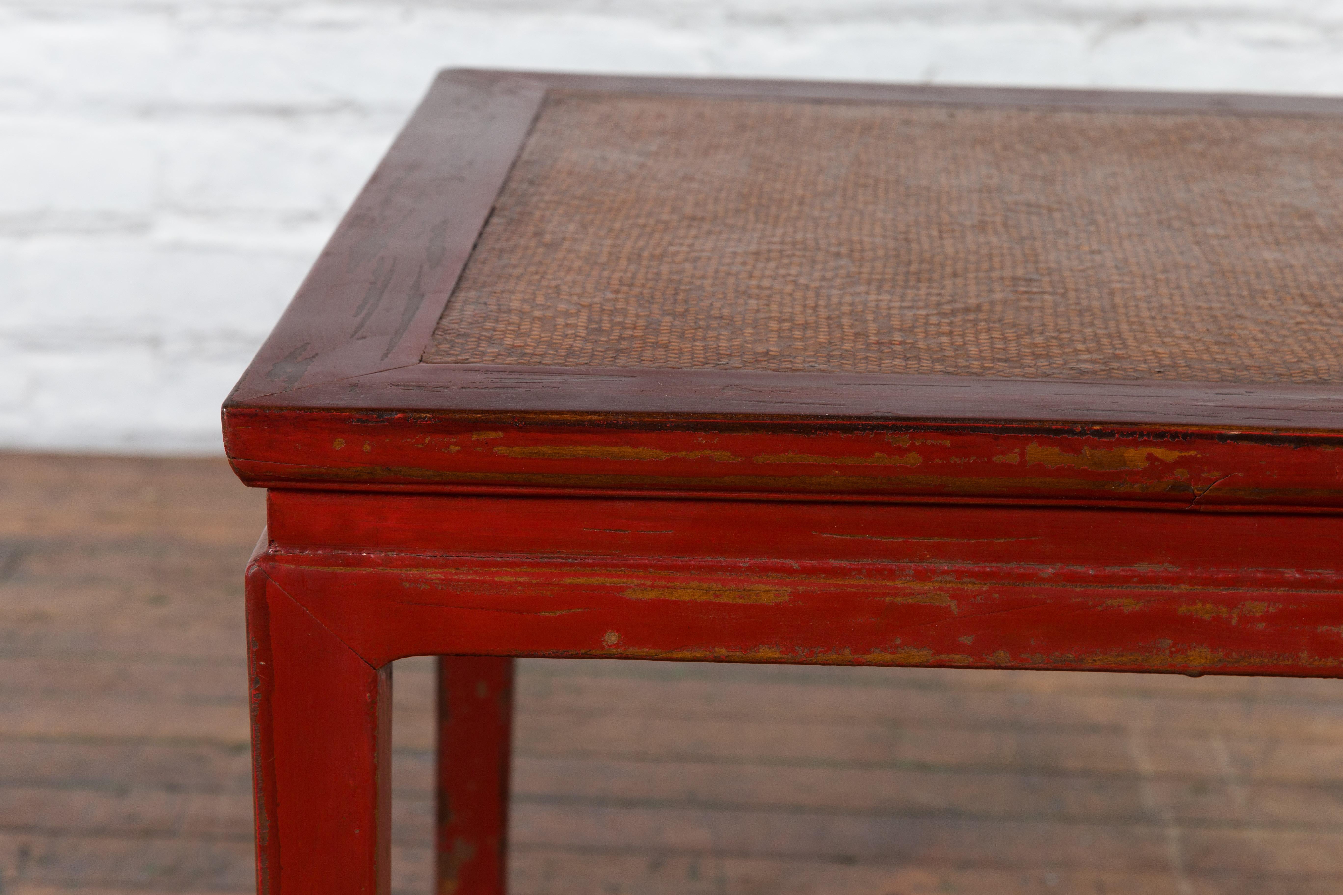 Chinese Qing Dynasty 19th Century Red Lacquer Side Table with Woven Rattan Top For Sale 2